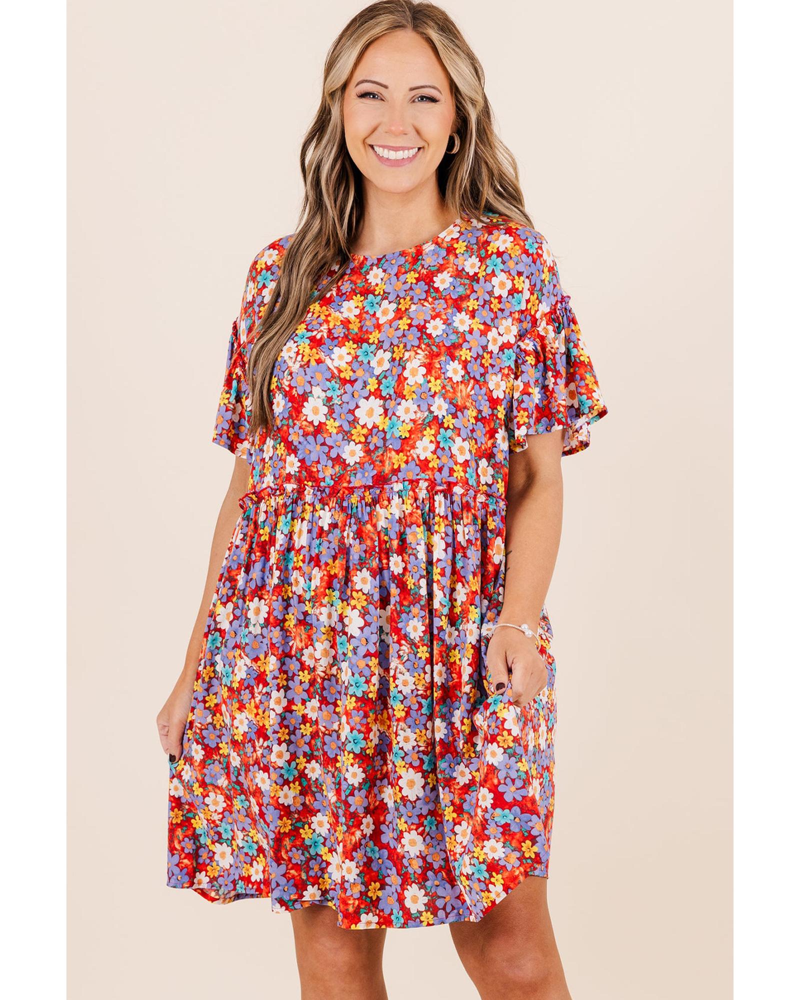 Red Dainty Flower Printed Plus Size Short Sleeve Shift Dress - 1X 3