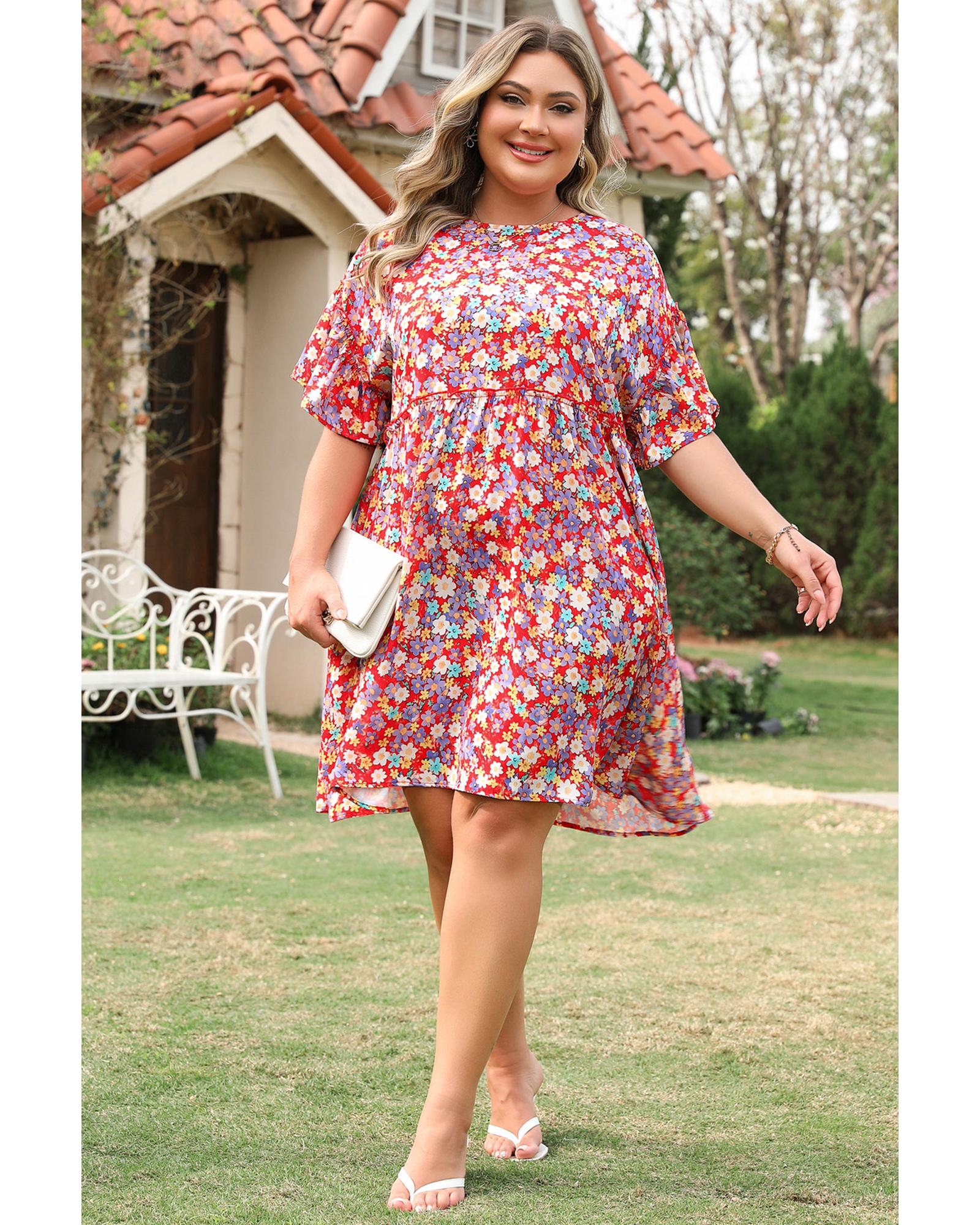 Red Dainty Flower Printed Plus Size Short Sleeve Shift Dress - 2X 7