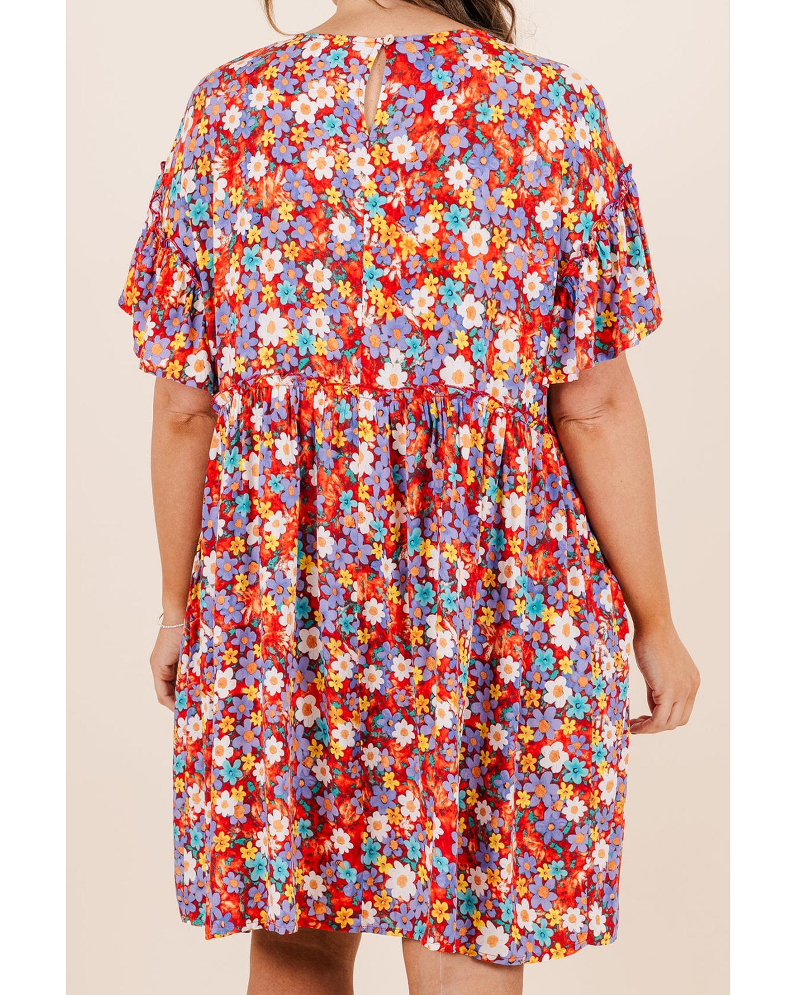 Red Dainty Flower Printed Plus Size Short Sleeve Shift Dress - 3X