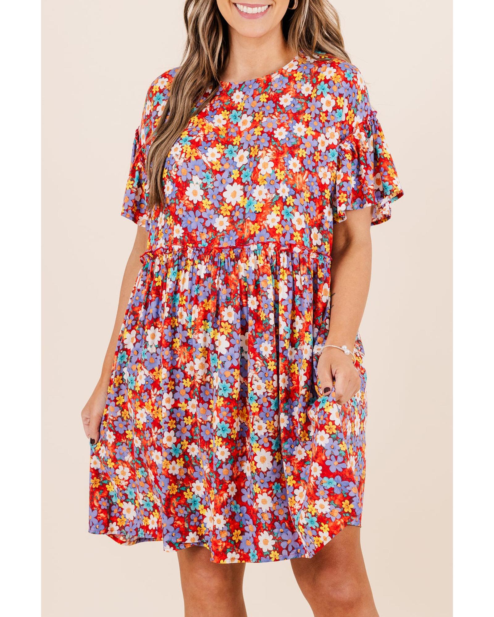 Red Dainty Flower Printed Plus Size Short Sleeve Shift Dress - 4X