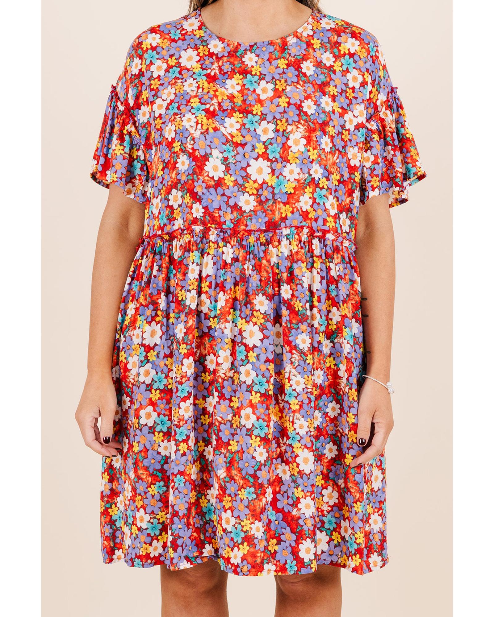 Red Dainty Flower Printed Plus Size Short Sleeve Shift Dress - 4X 6