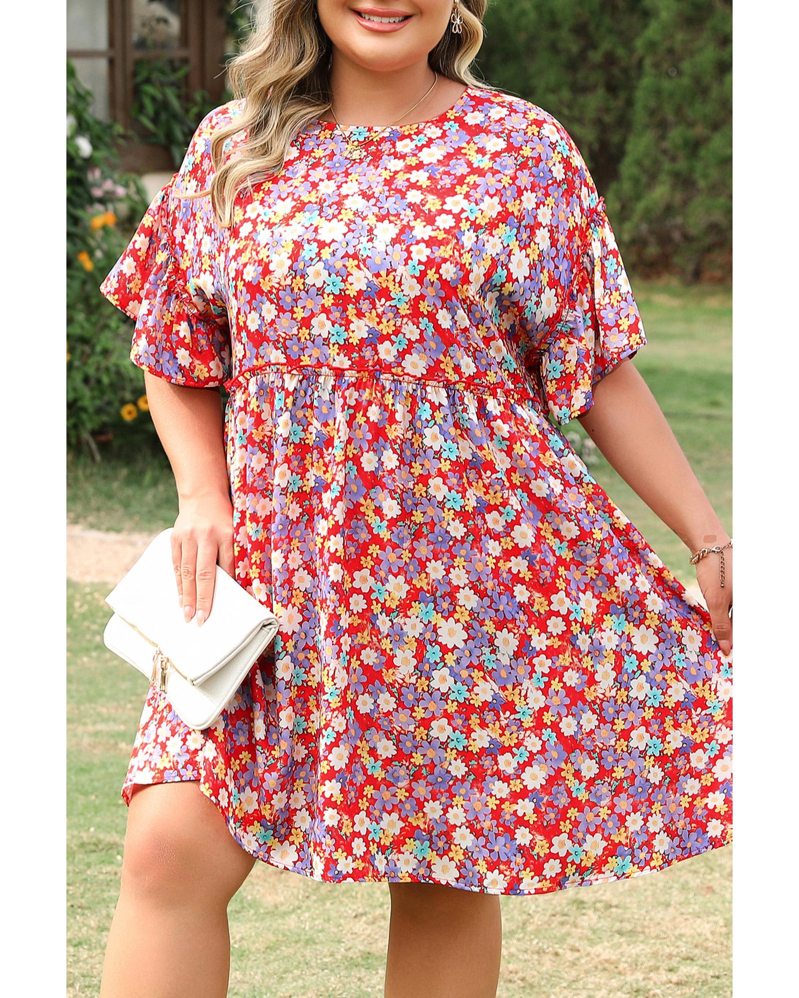 Red Dainty Flower Printed Plus Size Short Sleeve Shift Dress - 4X 8