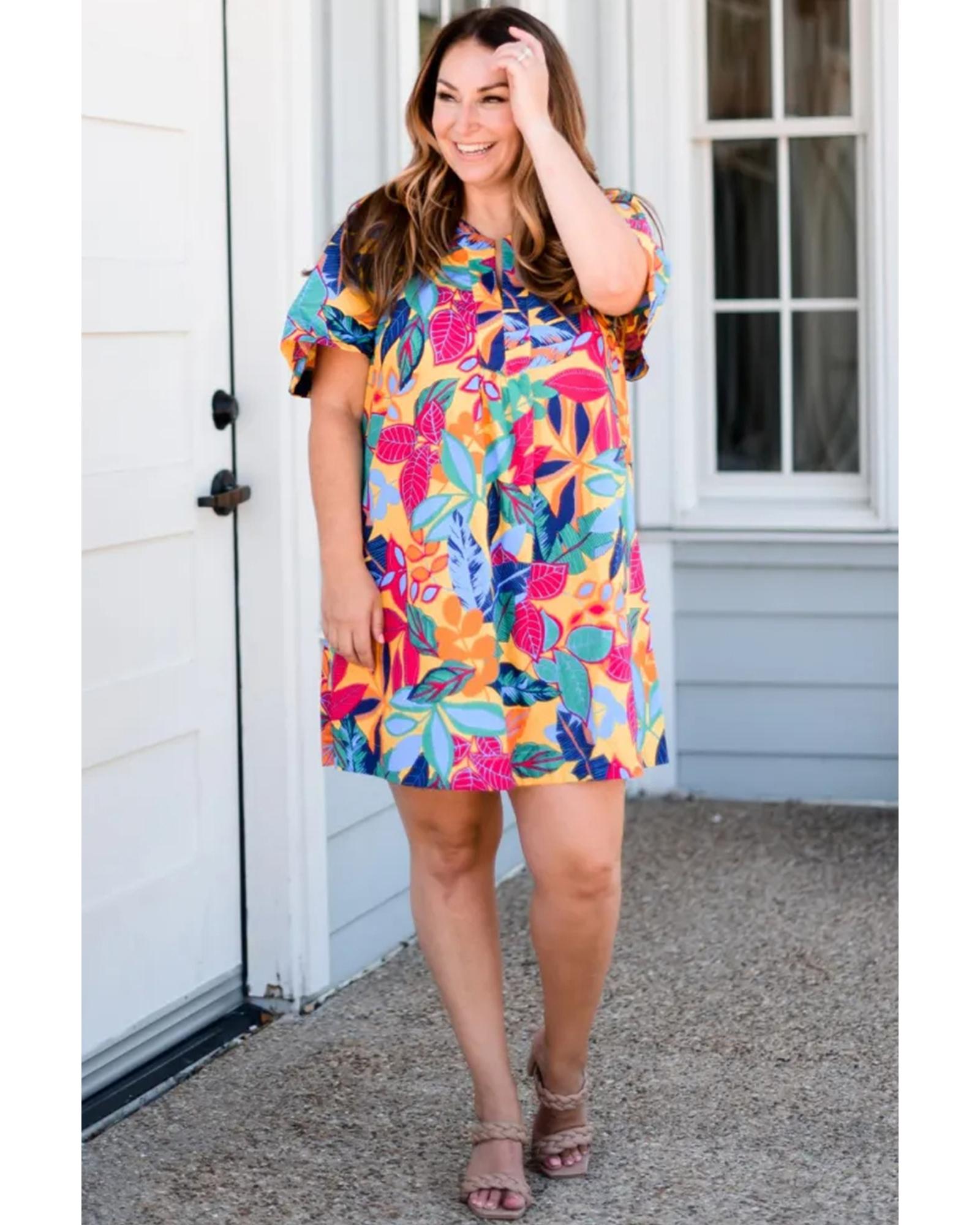 Multicolour Plus Size Leafy Print Split Neck Short Sleeve Shift Dress - 1X 4