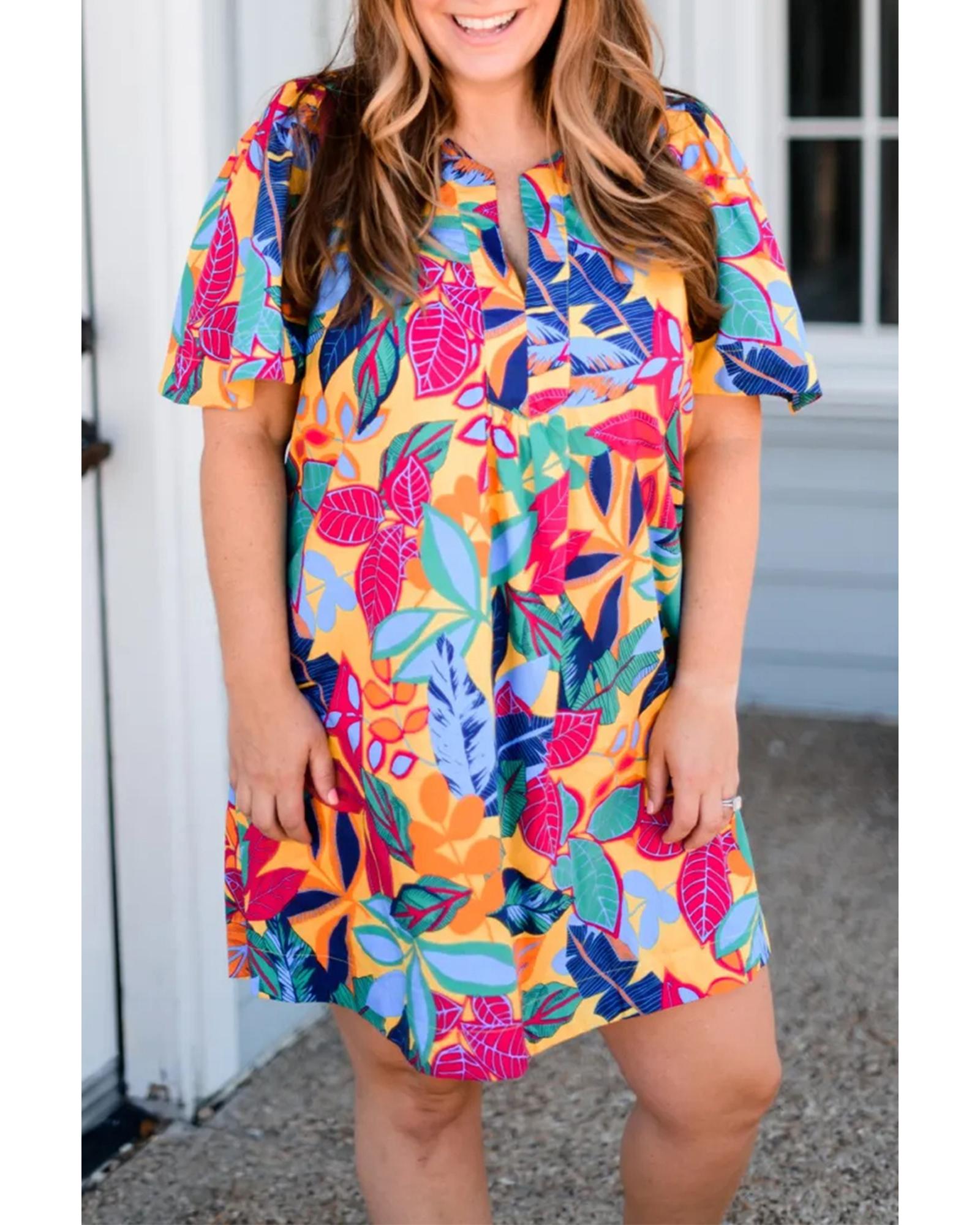 Multicolour Plus Size Leafy Print Split Neck Short Sleeve Shift Dress - 2X 3