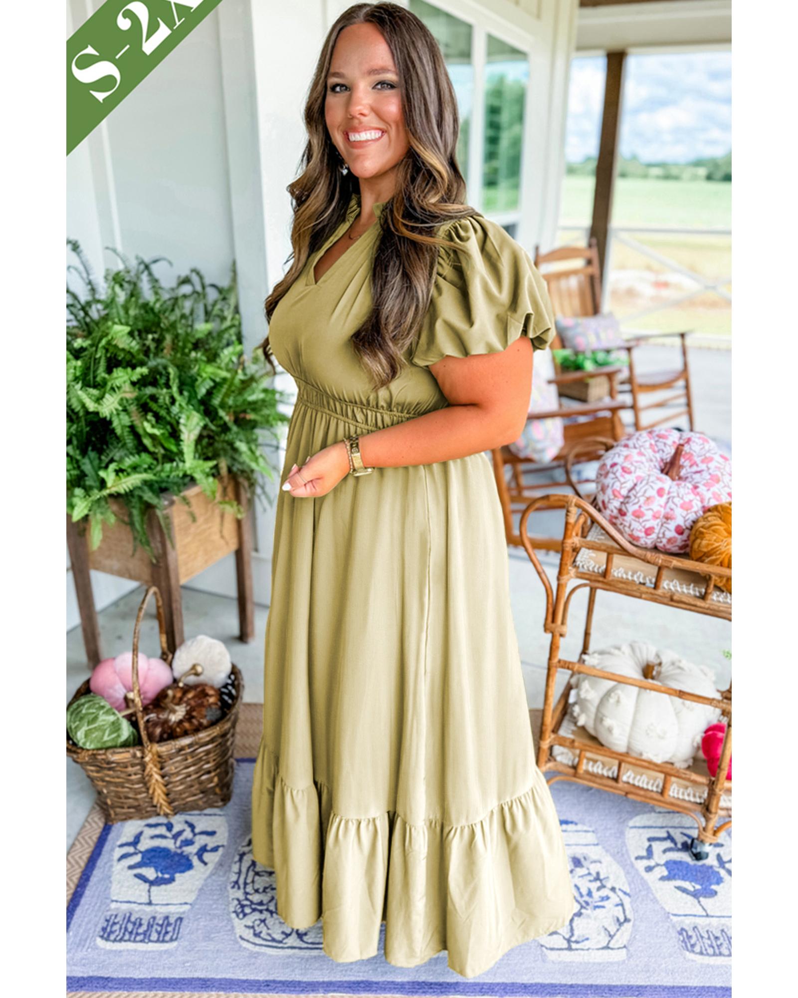 Laurel Green Notched V Neck Puff Sleeve Tiered Plus Size Maxi Dress - 1X 3