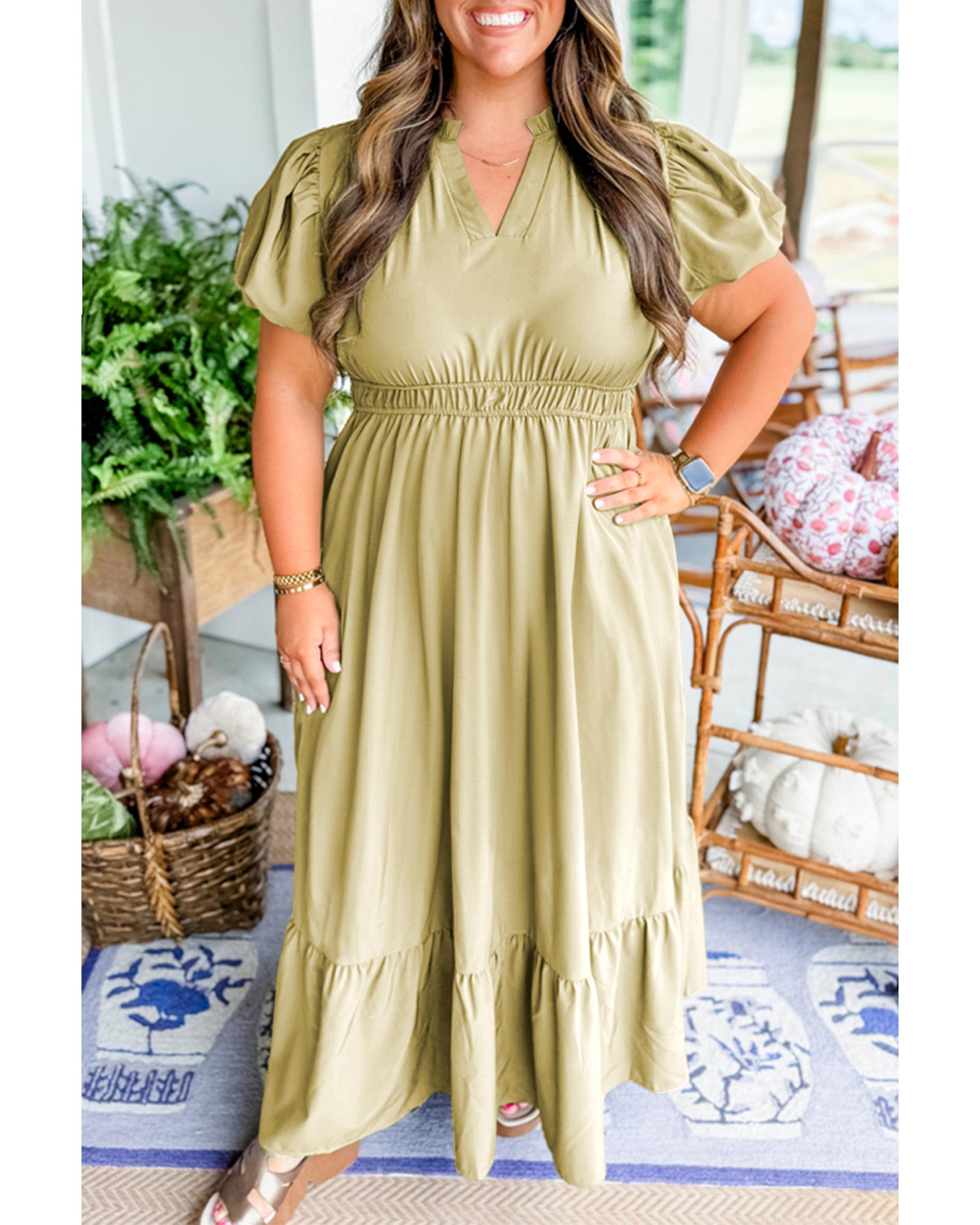 Laurel Green Notched V Neck Puff Sleeve Tiered Plus Size Maxi Dress - 1X 4