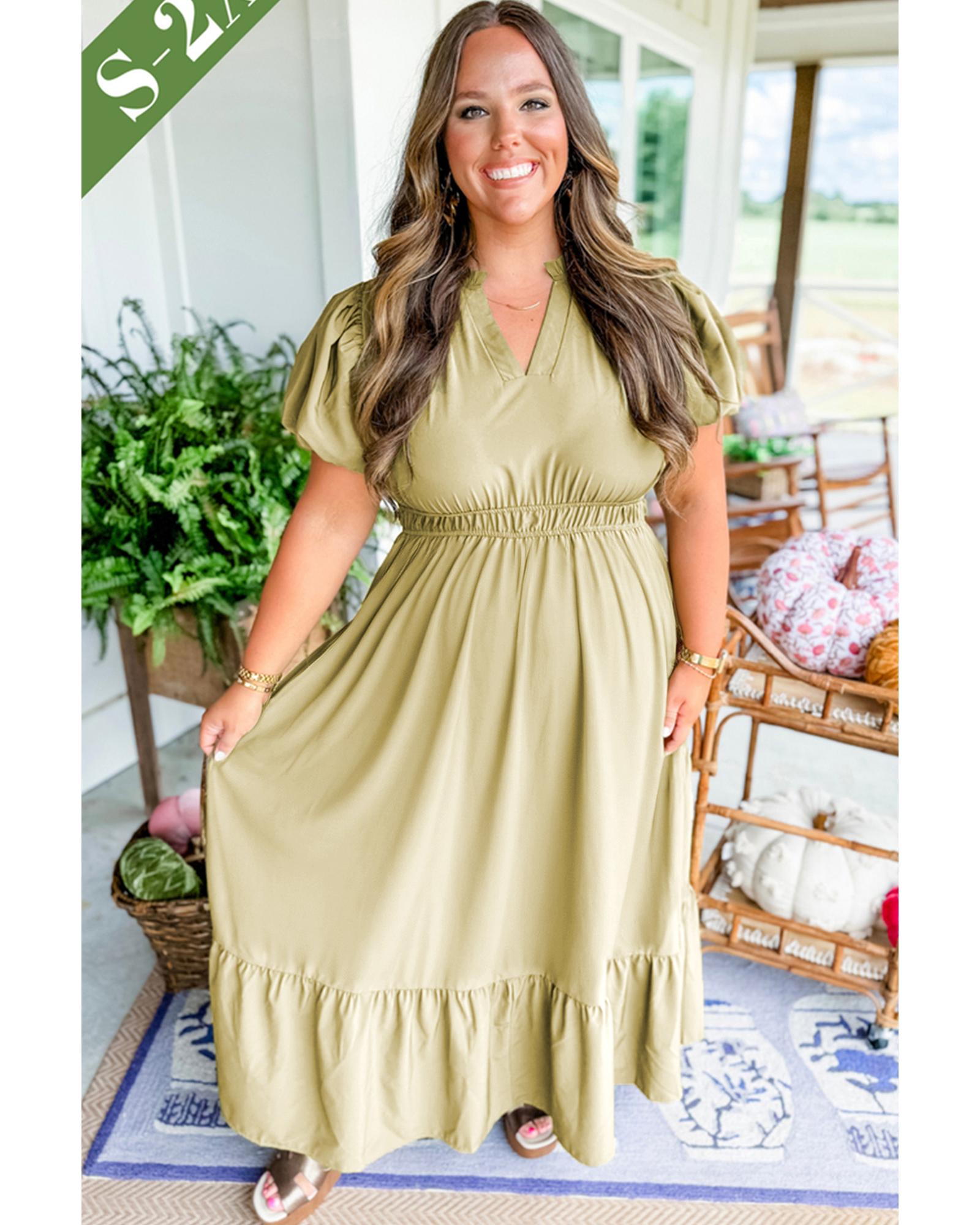 Laurel Green Notched V Neck Puff Sleeve Tiered Plus Size Maxi Dress - 2X 5