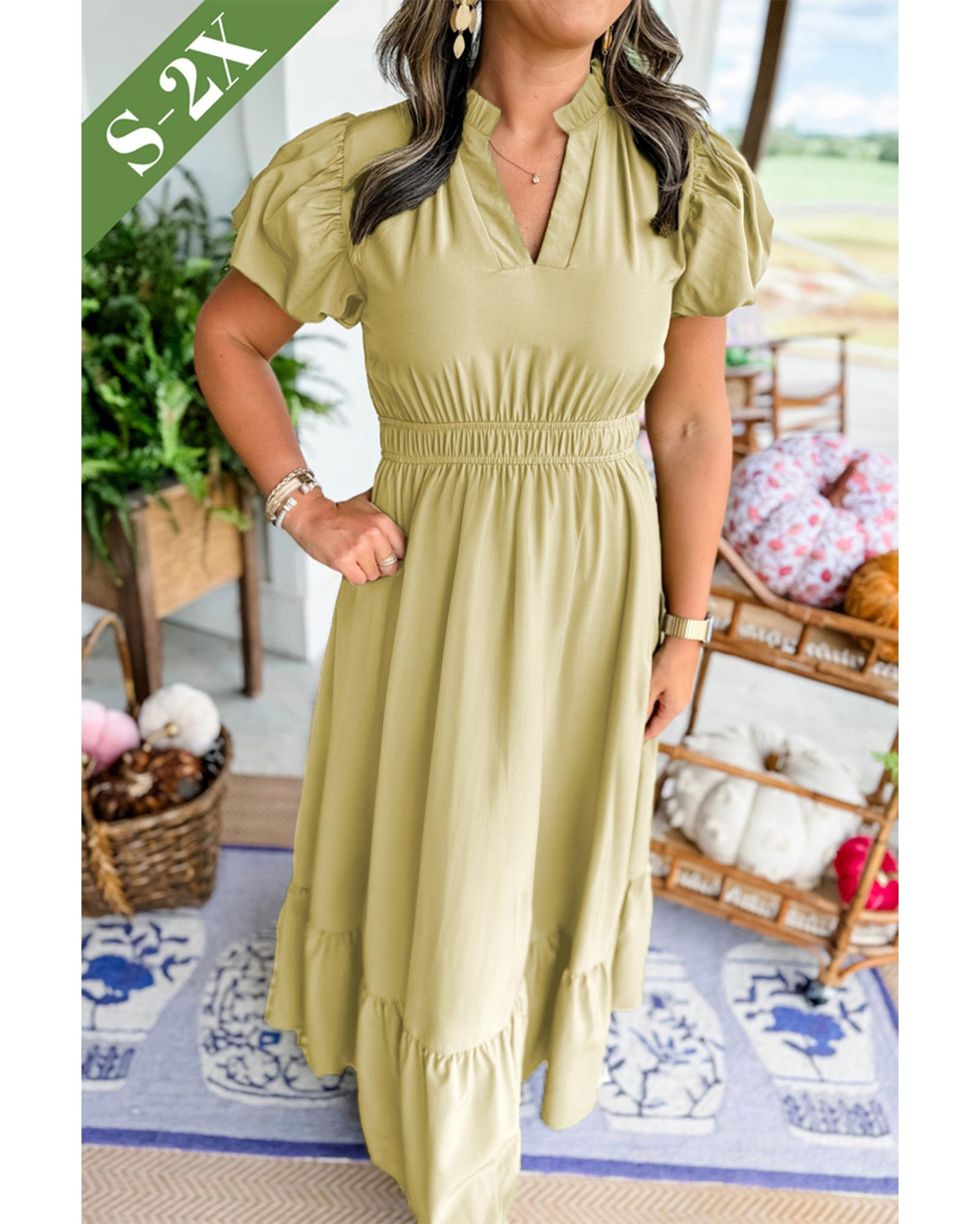 Laurel Green Notched V Neck Puff Sleeve Tiered Plus Size Maxi Dress - 3X
