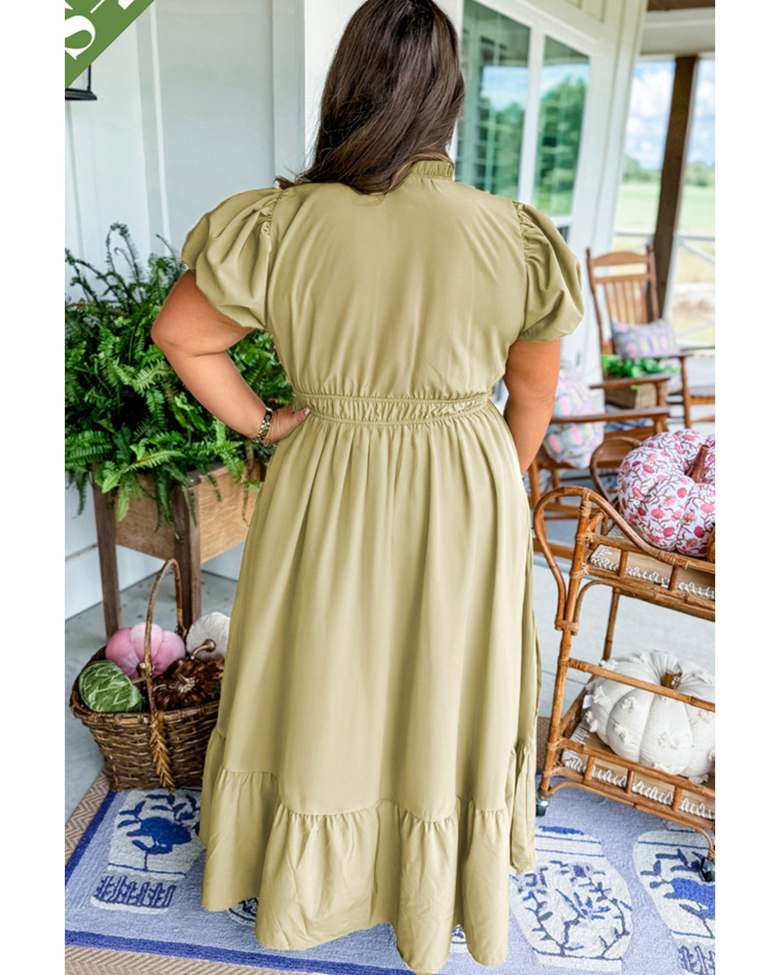 Laurel Green Notched V Neck Puff Sleeve Tiered Plus Size Maxi Dress - 3X