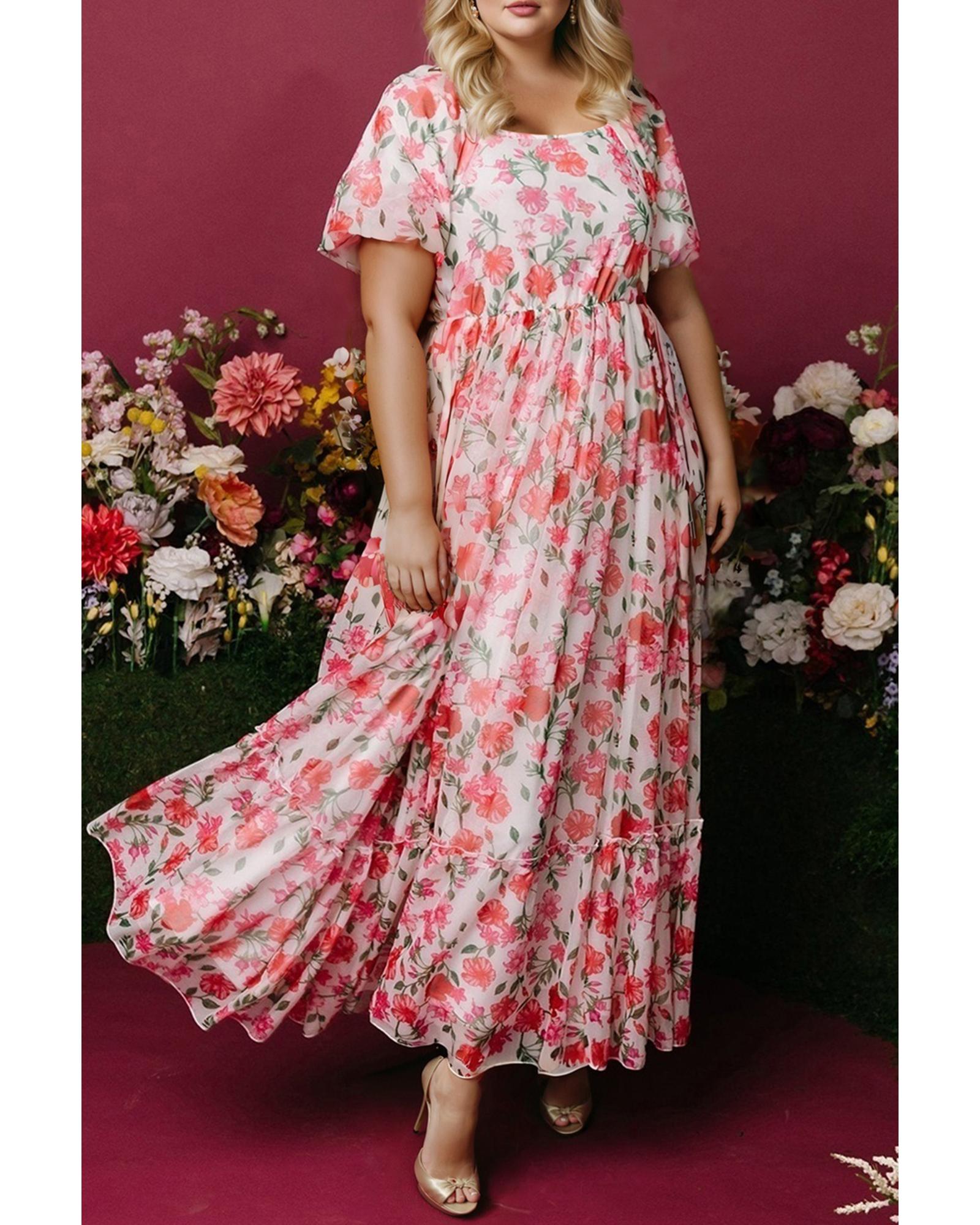 Pink Plus Size Floral Square Neck Puff Sleeve Ruffle Maxi Dress - 1X