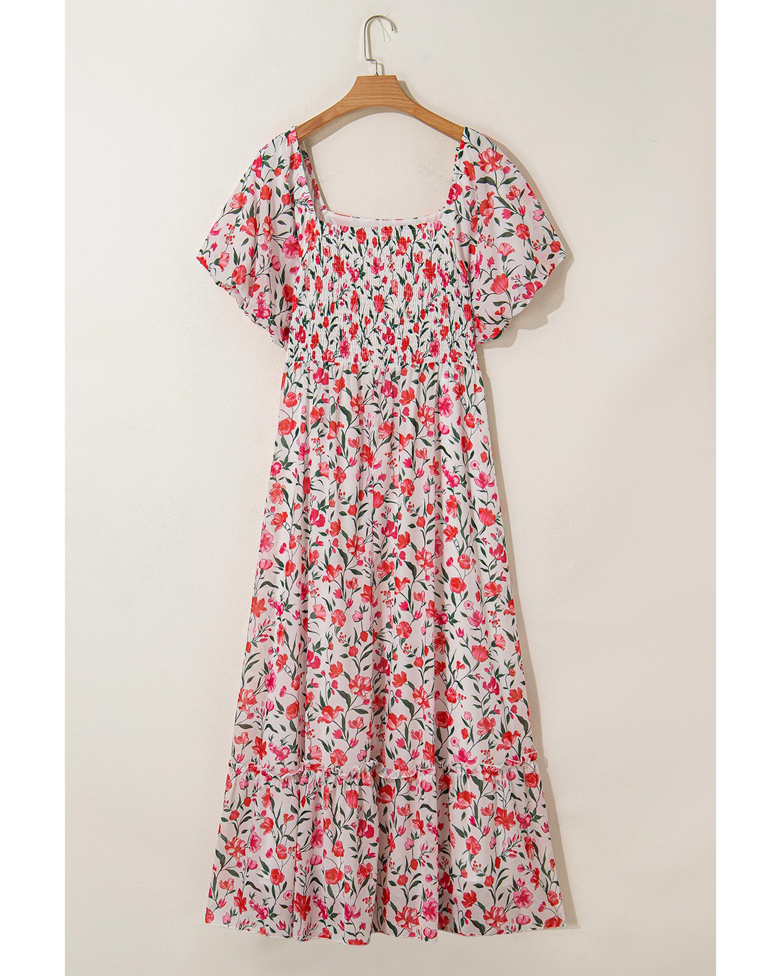 Pink Plus Size Floral Square Neck Puff Sleeve Ruffle Maxi Dress - 1X 5