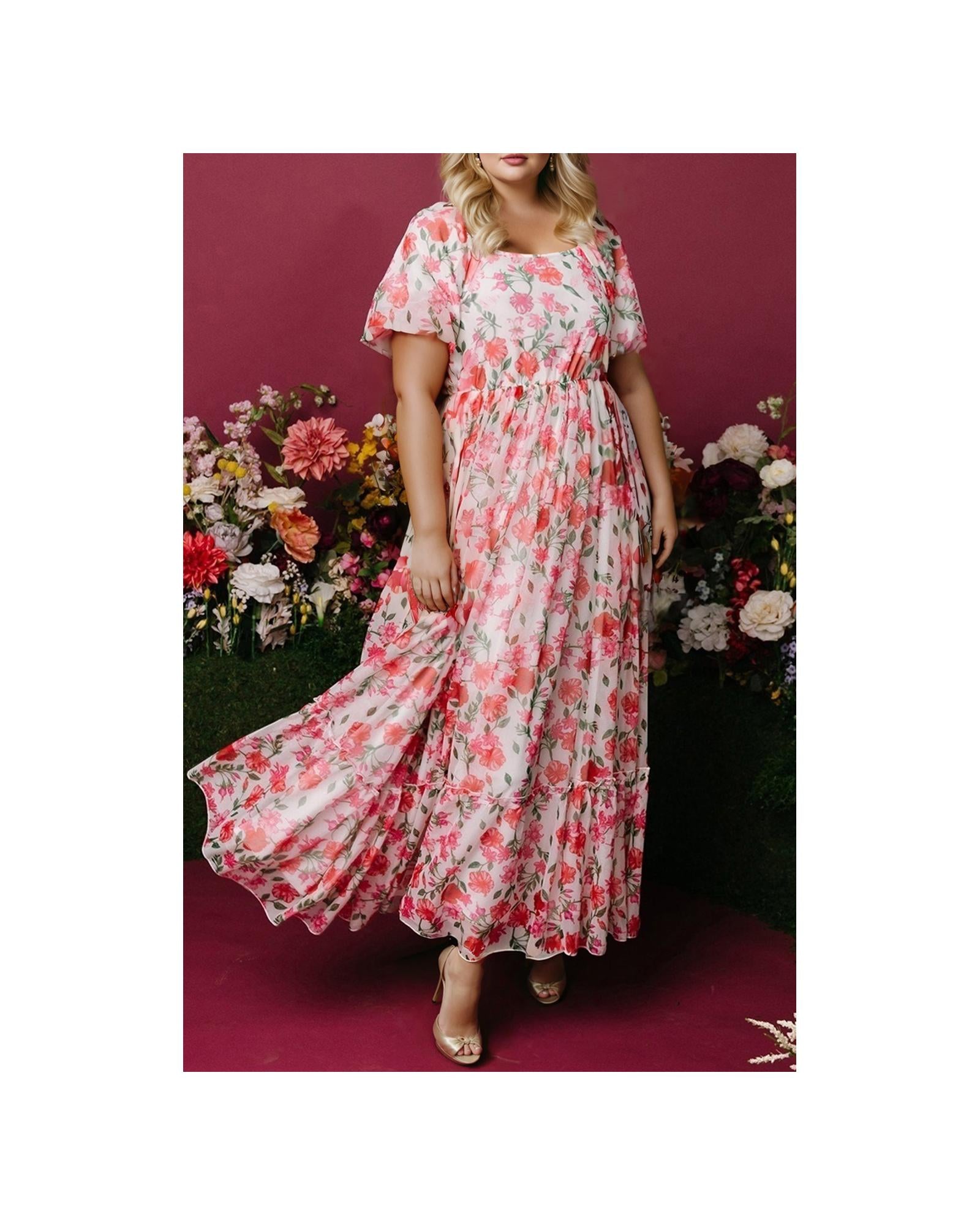 Pink Plus Size Floral Square Neck Puff Sleeve Ruffle Maxi Dress - 2X