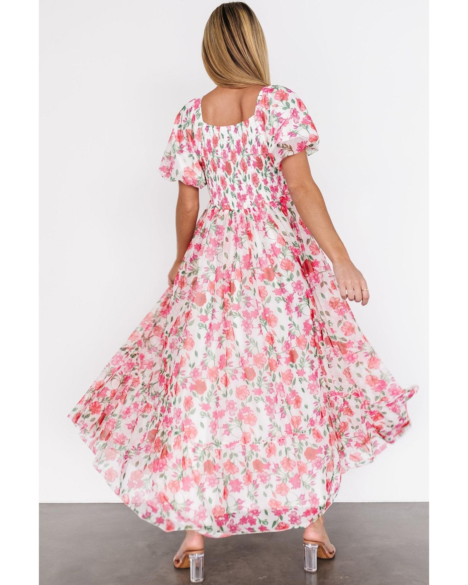 Pink Plus Size Floral Square Neck Puff Sleeve Ruffle Maxi Dress - 2X