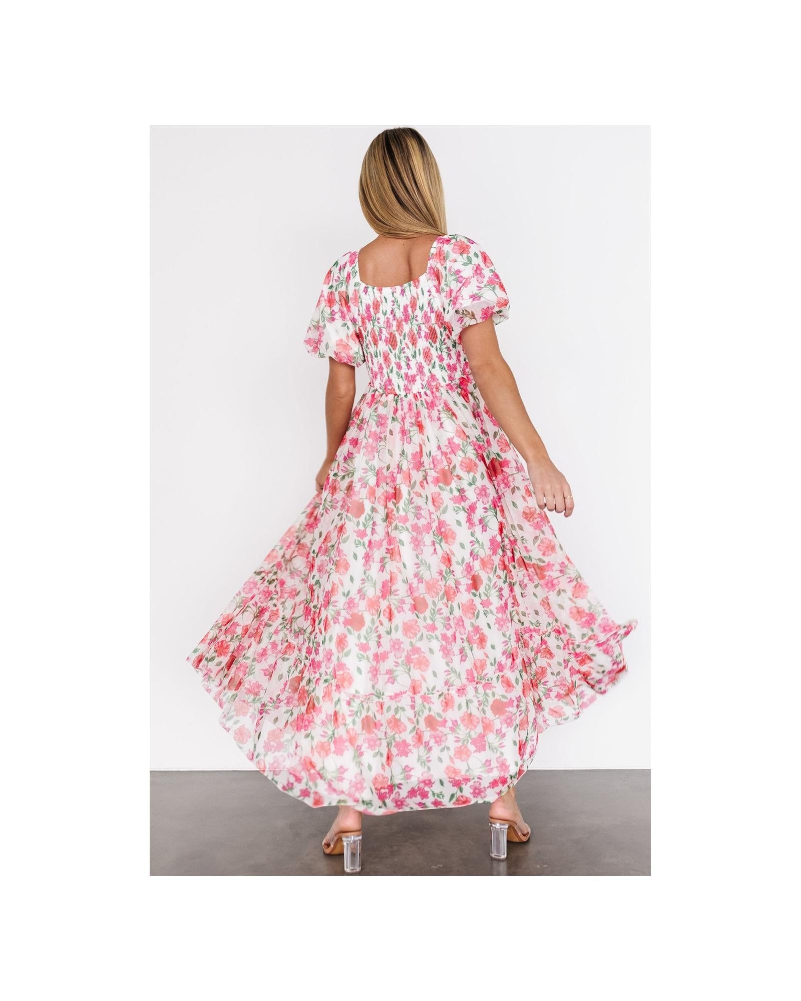 Pink Plus Size Floral Square Neck Puff Sleeve Ruffle Maxi Dress - 3X