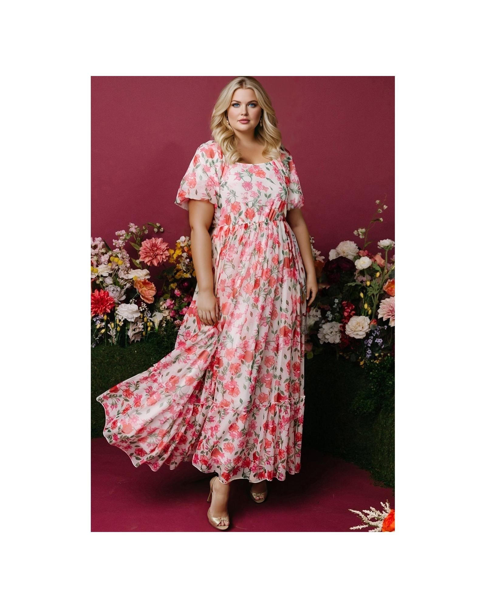 Pink Plus Size Floral Square Neck Puff Sleeve Ruffle Maxi Dress - 4X