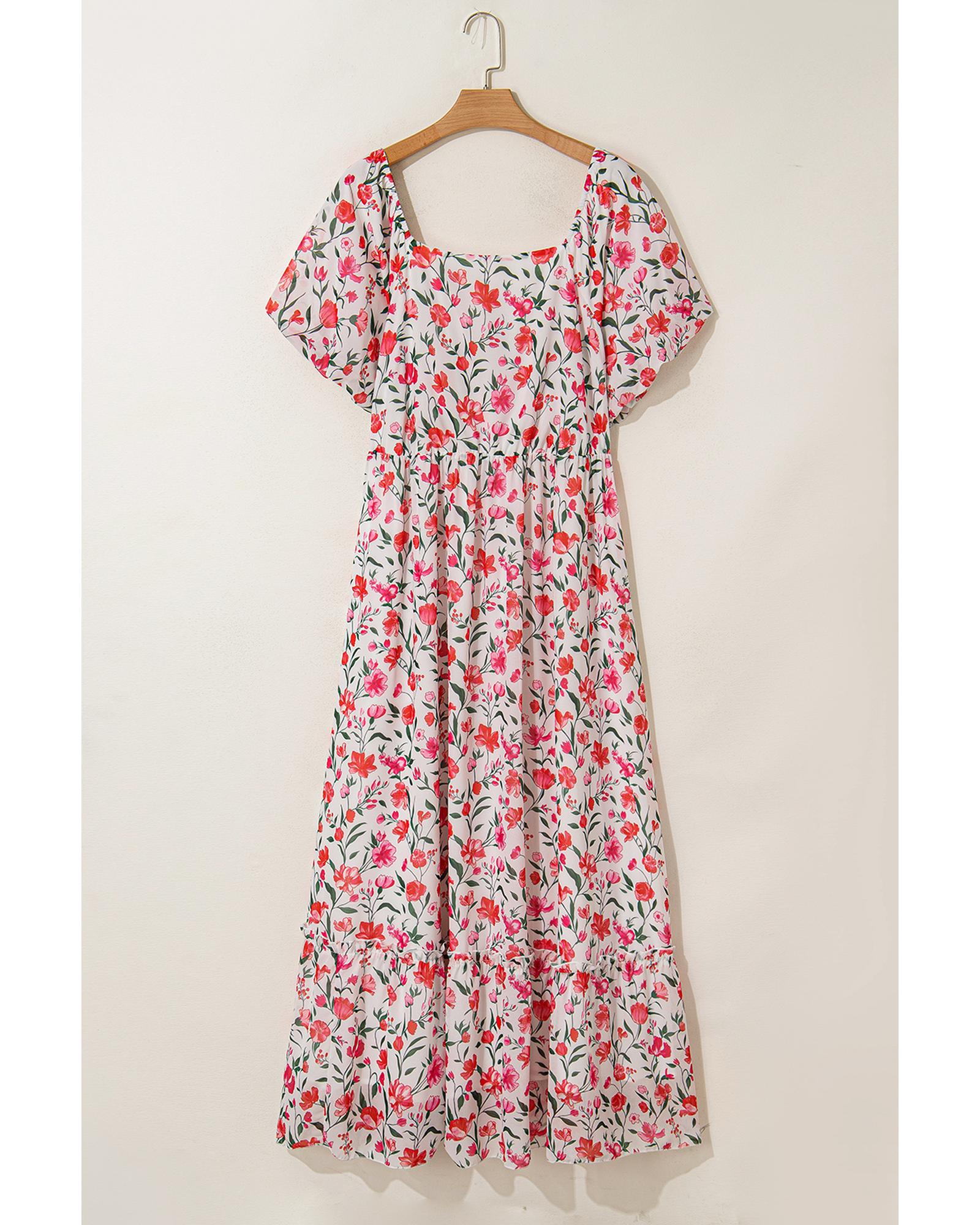 Pink Plus Size Floral Square Neck Puff Sleeve Ruffle Maxi Dress - 4X 3