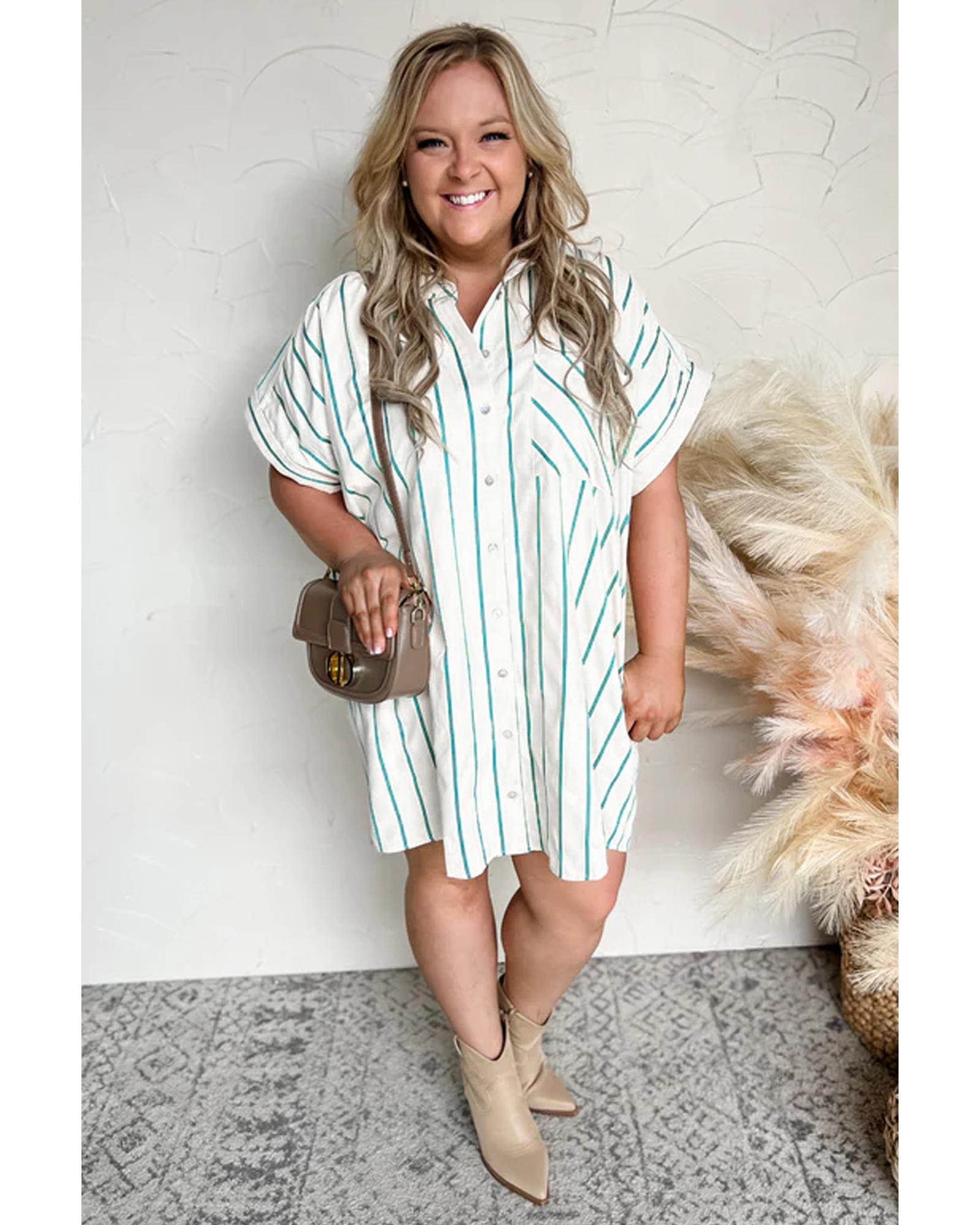 Green Stripe Plus Size St Patricks Day Short Sleeve Buttoned Shirt Dress - 3X 4