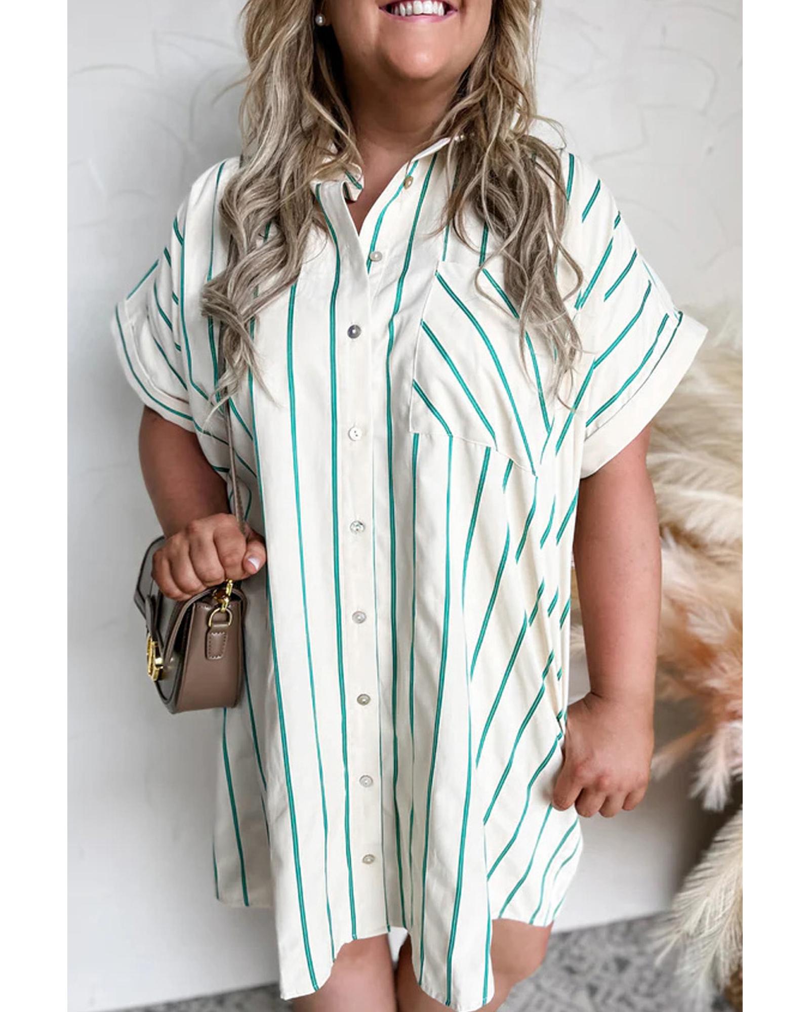 Green Stripe Plus Size St Patricks Day Short Sleeve Buttoned Shirt Dress - 3X 5