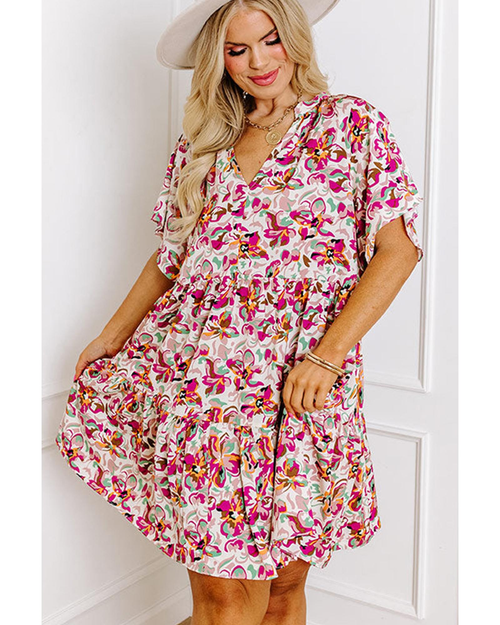 White Abstract Print V Neck Short Sleeve Ruffled Plus Size Mini Dress - 1X 3