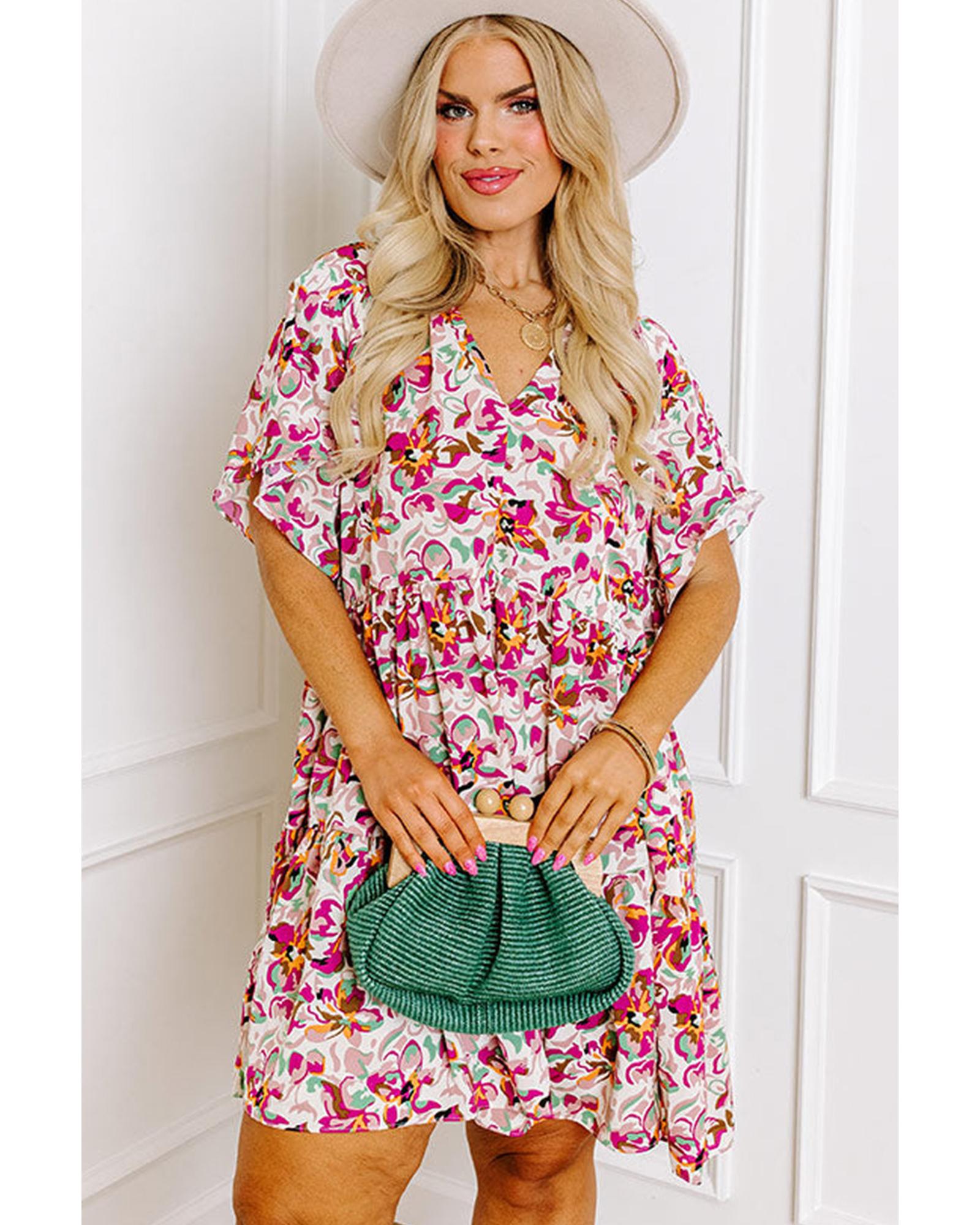 White Abstract Print V Neck Short Sleeve Ruffled Plus Size Mini Dress - 1X 5