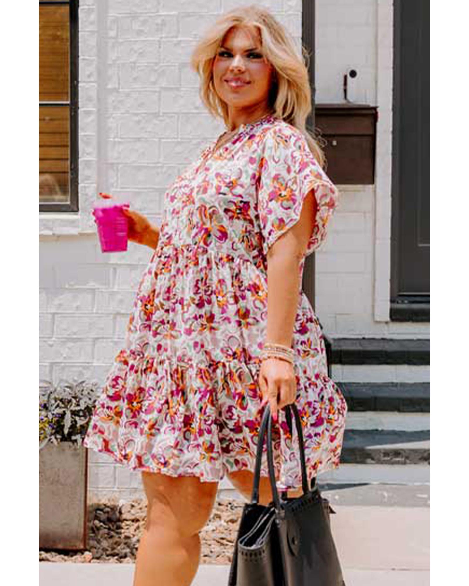 White Abstract Print V Neck Short Sleeve Ruffled Plus Size Mini Dress - 1X 7