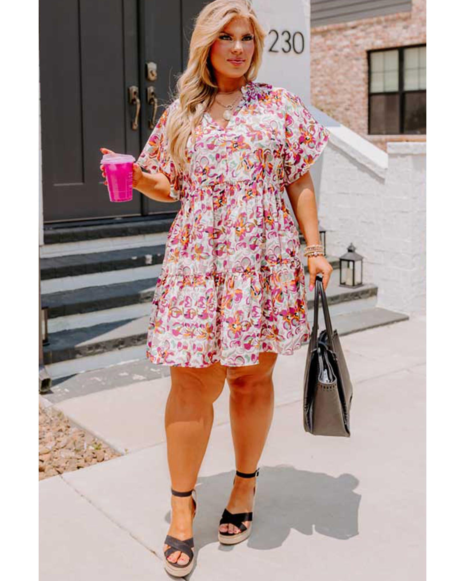 White Abstract Print V Neck Short Sleeve Ruffled Plus Size Mini Dress - 1X 8