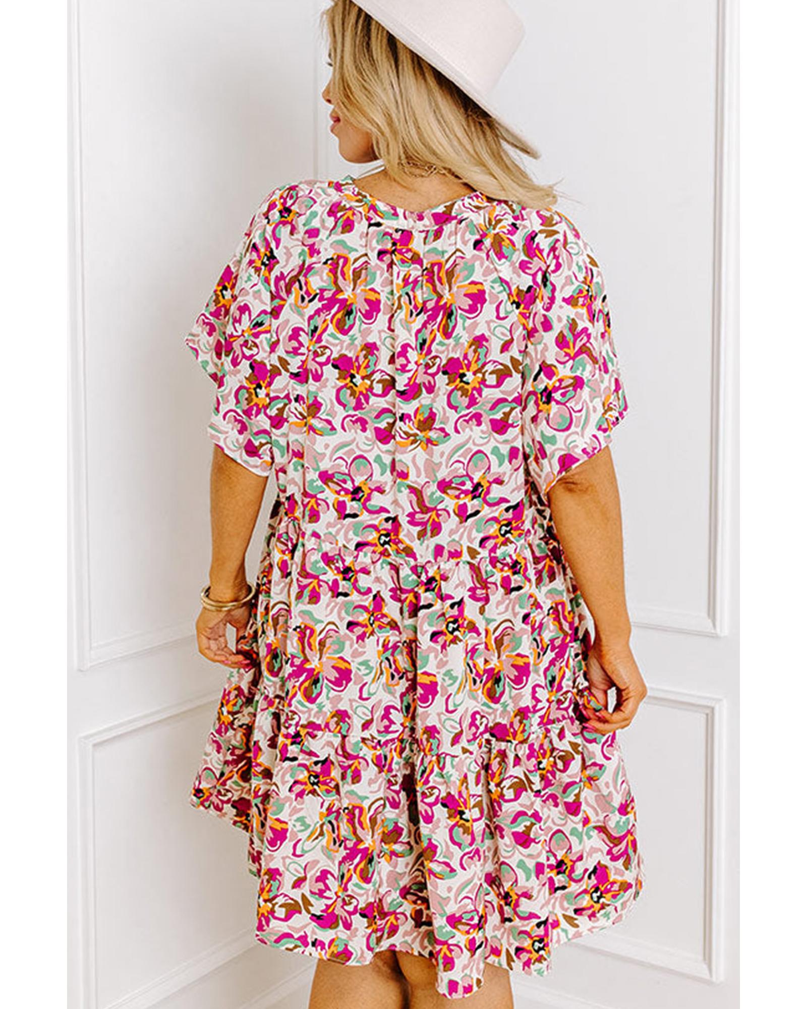 White Abstract Print V Neck Short Sleeve Ruffled Plus Size Mini Dress - 2X