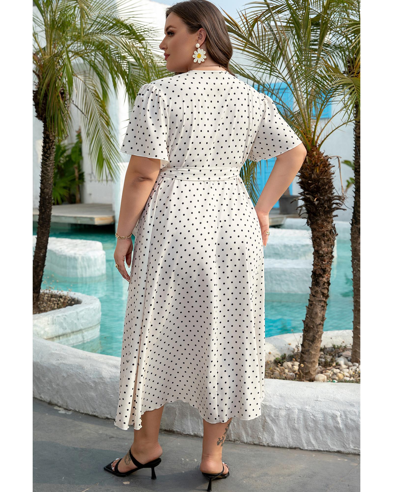 Khaki Polka Dot Surplice V Neck Tied Waist Flutter Sleeve Flowy Plus Size Midi Dress - 2X