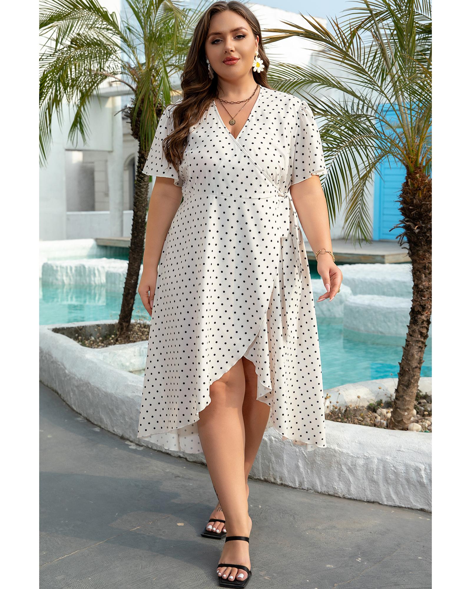 Khaki Polka Dot Surplice V Neck Tied Waist Flutter Sleeve Flowy Plus Size Midi Dress - 3X