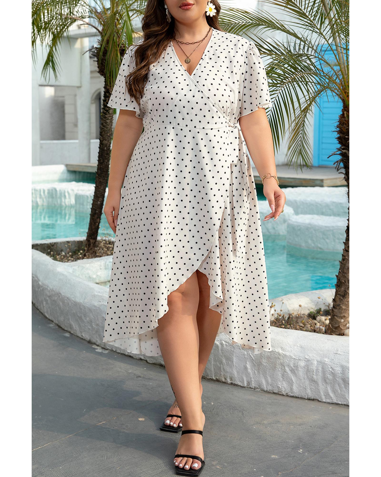 Khaki Polka Dot Surplice V Neck Tied Waist Flutter Sleeve Flowy Plus Size Midi Dress - 3X 7