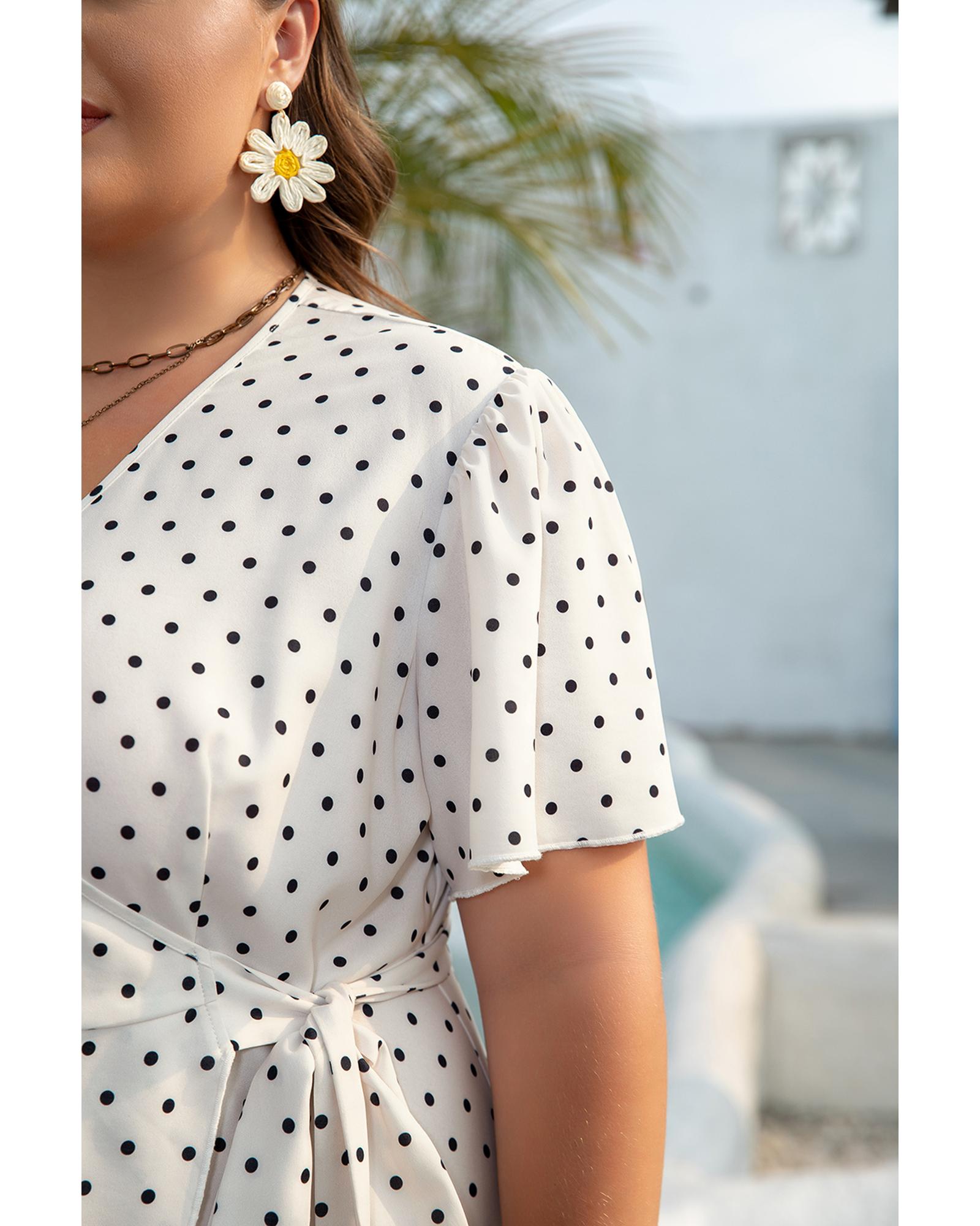 Khaki Polka Dot Surplice V Neck Tied Waist Flutter Sleeve Flowy Plus Size Midi Dress - 3X 8