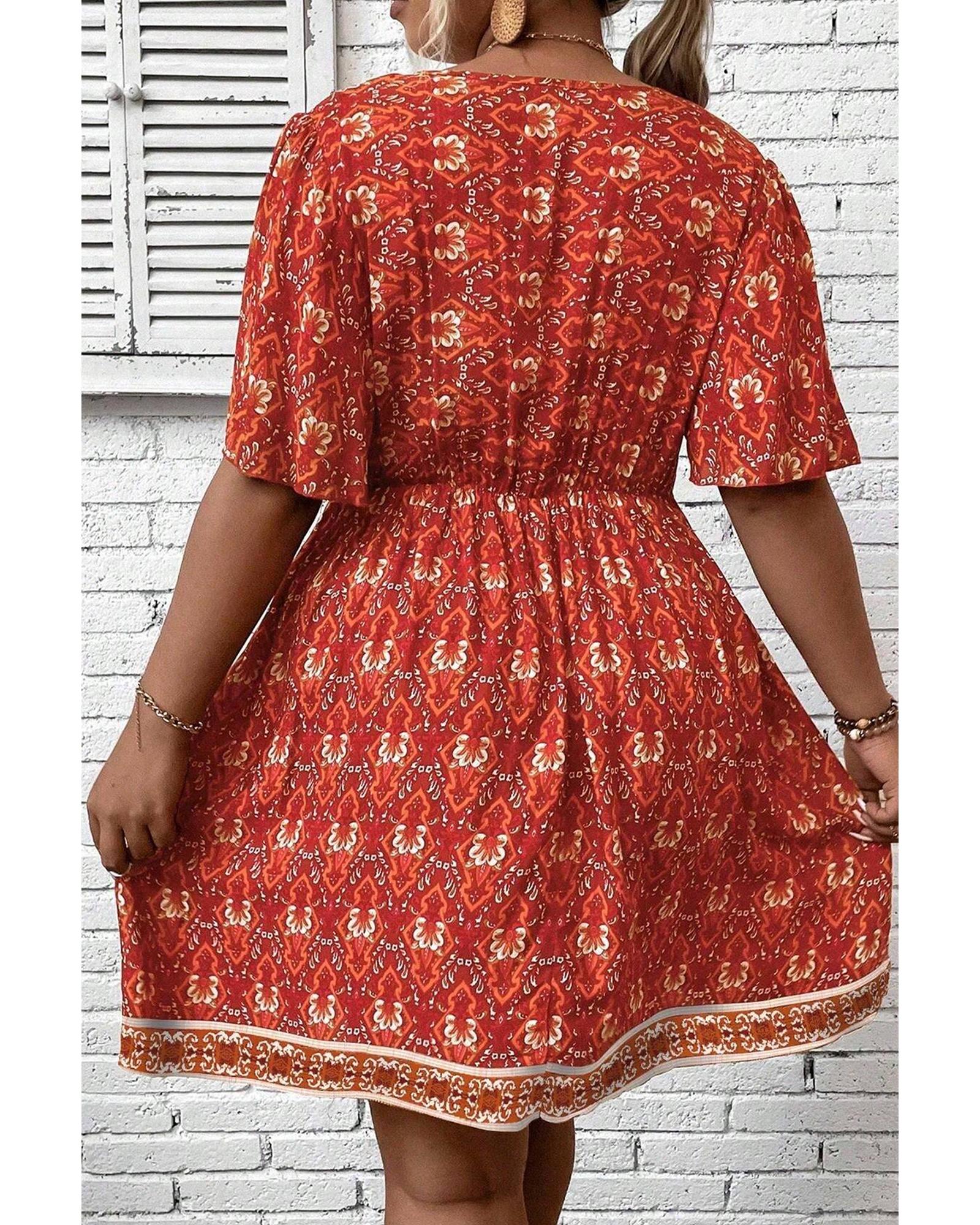 Orange Plus Size Printed Surplice Neck Empire Waist Flowy Mini Dress - 1X