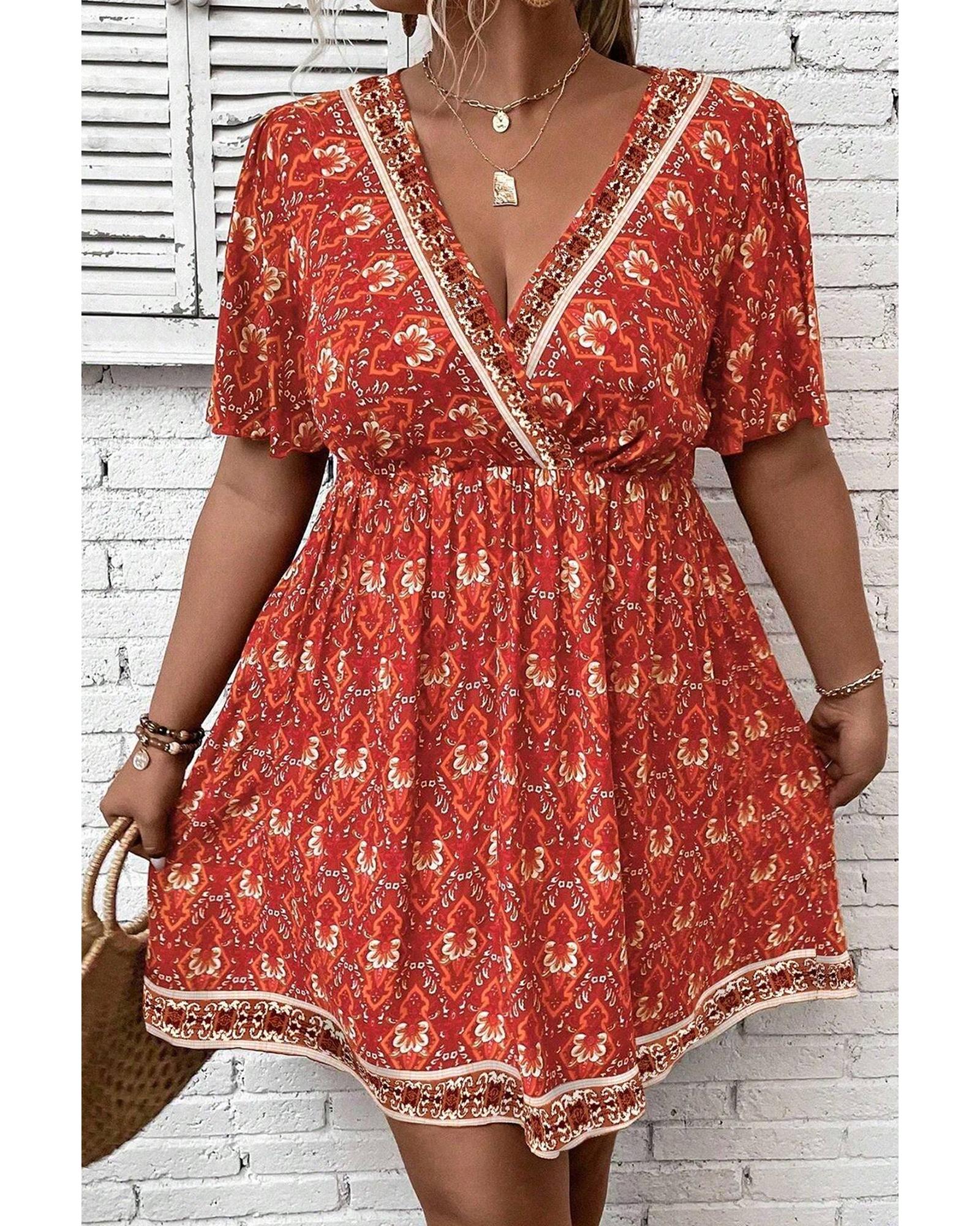 Orange Plus Size Printed Surplice Neck Empire Waist Flowy Mini Dress - 1X 4