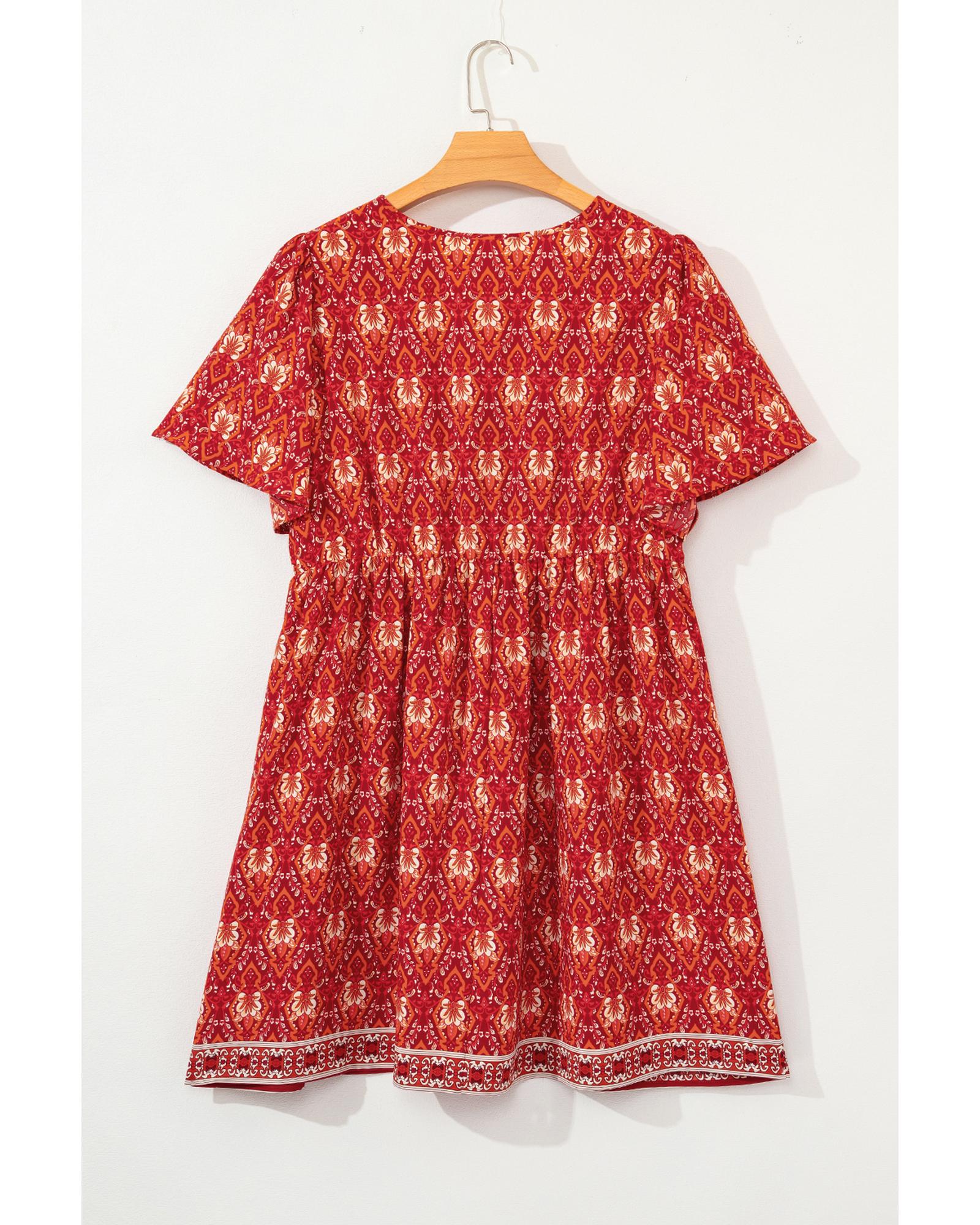 Orange Plus Size Printed Surplice Neck Empire Waist Flowy Mini Dress - 1X 6