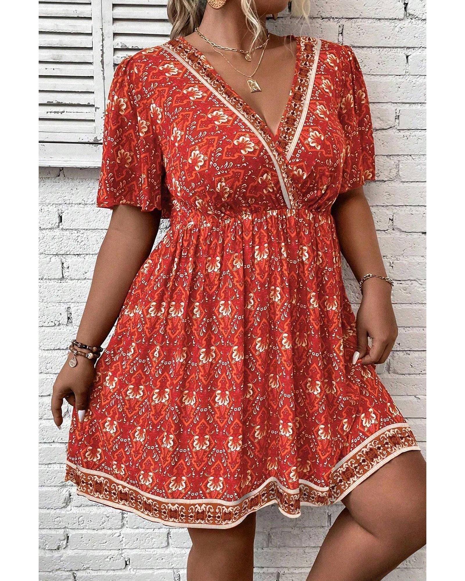 Orange Plus Size Printed Surplice Neck Empire Waist Flowy Mini Dress - 2X 3