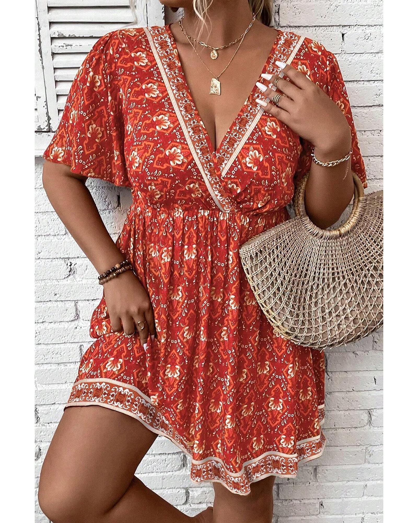 Orange Plus Size Printed Surplice Neck Empire Waist Flowy Mini Dress - 4X