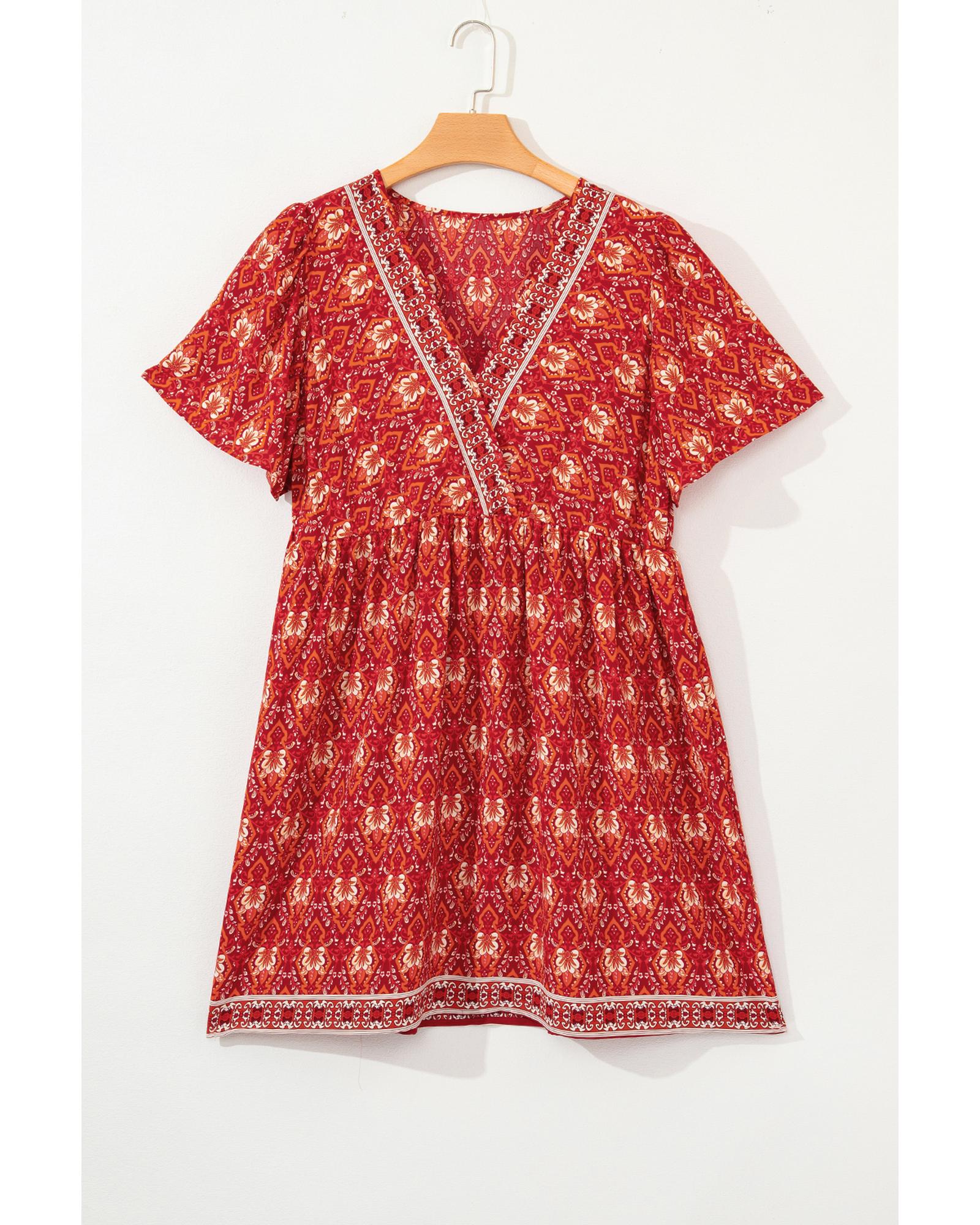 Orange Plus Size Printed Surplice Neck Empire Waist Flowy Mini Dress - 4X 5