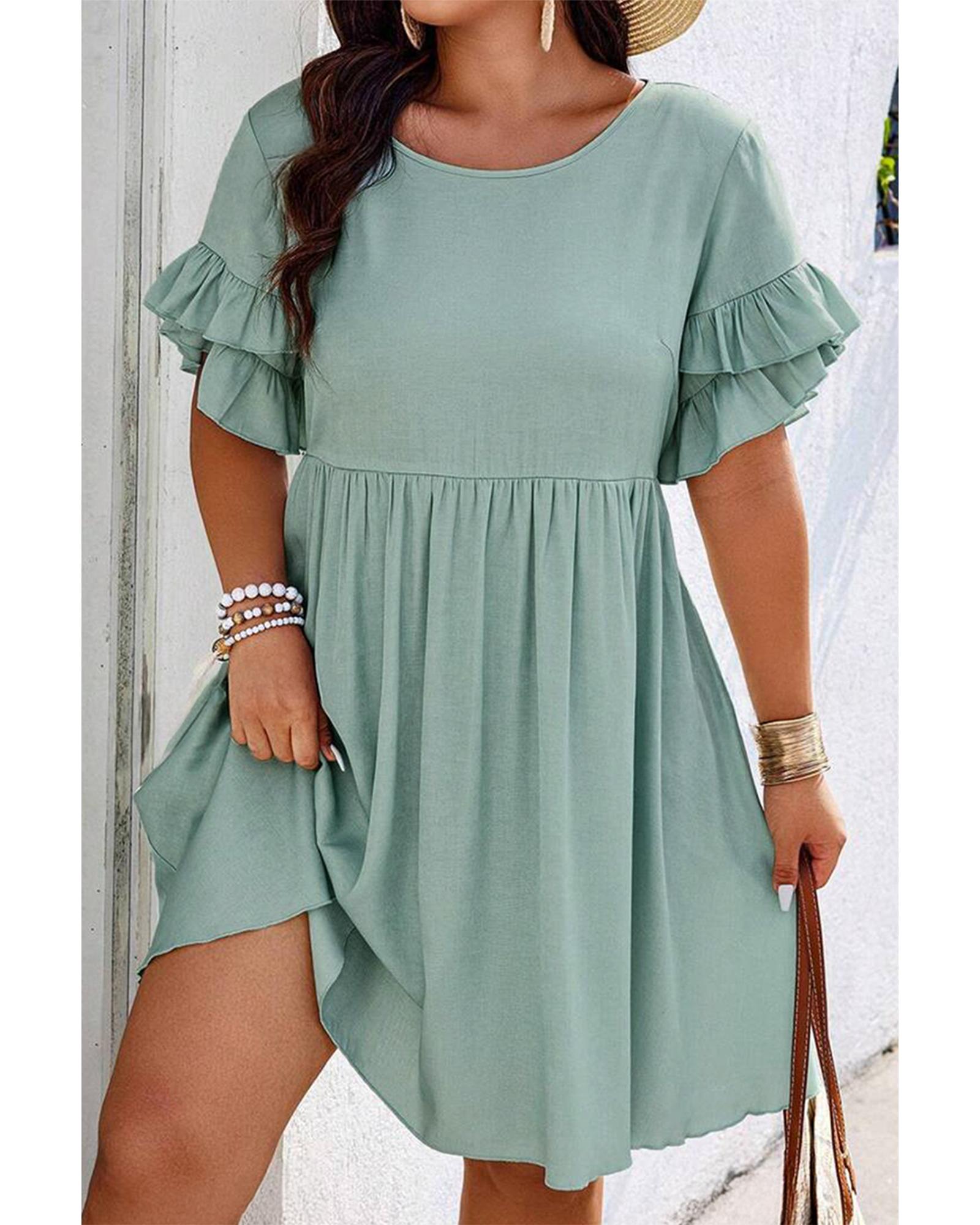 Grass Green Ruffle Trim Short Sleeve Plus Size Flared Mini Dress - 1X 4