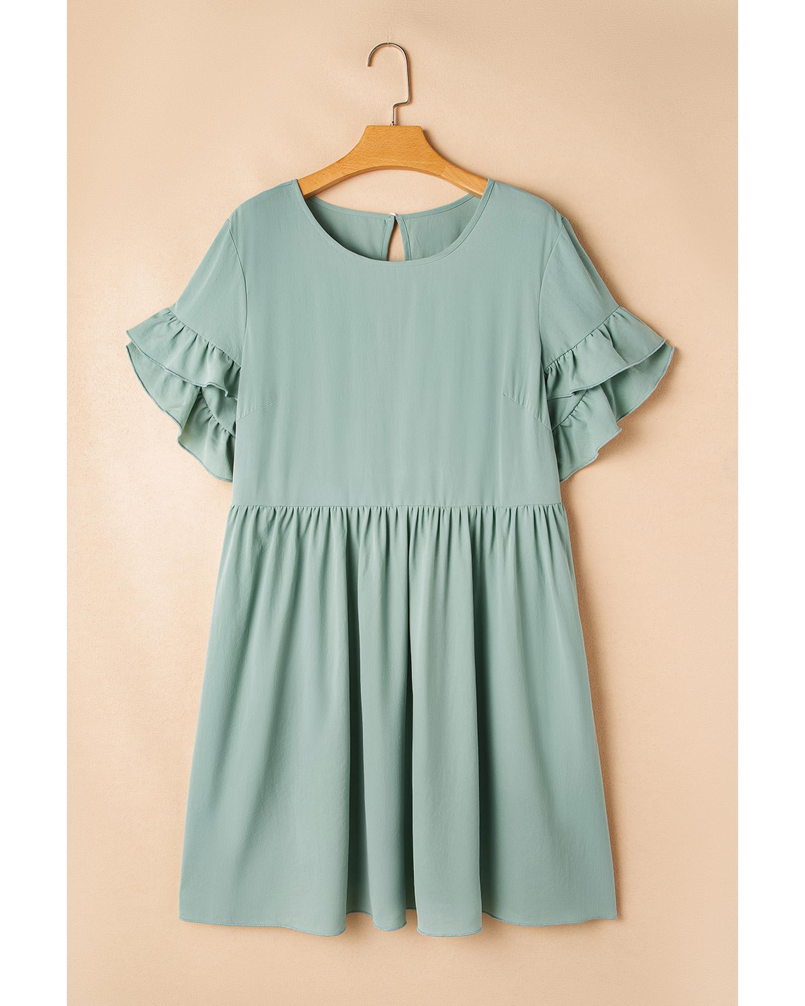 Grass Green Ruffle Trim Short Sleeve Plus Size Flared Mini Dress - 1X 5