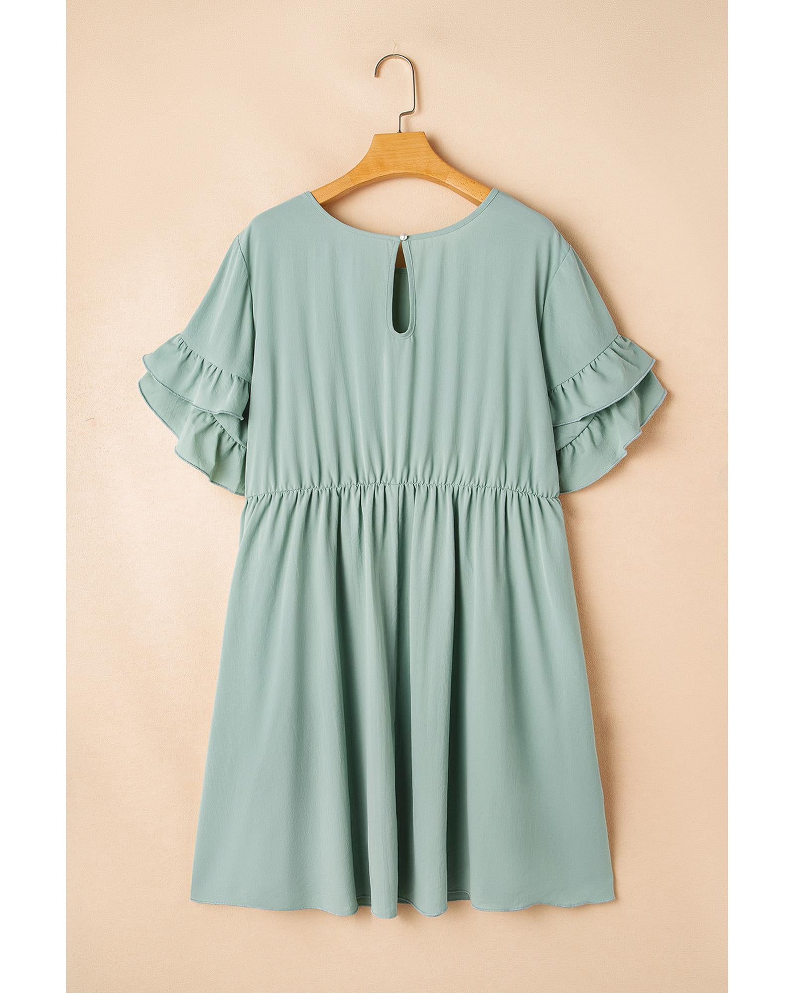 Grass Green Ruffle Trim Short Sleeve Plus Size Flared Mini Dress - 1X 6