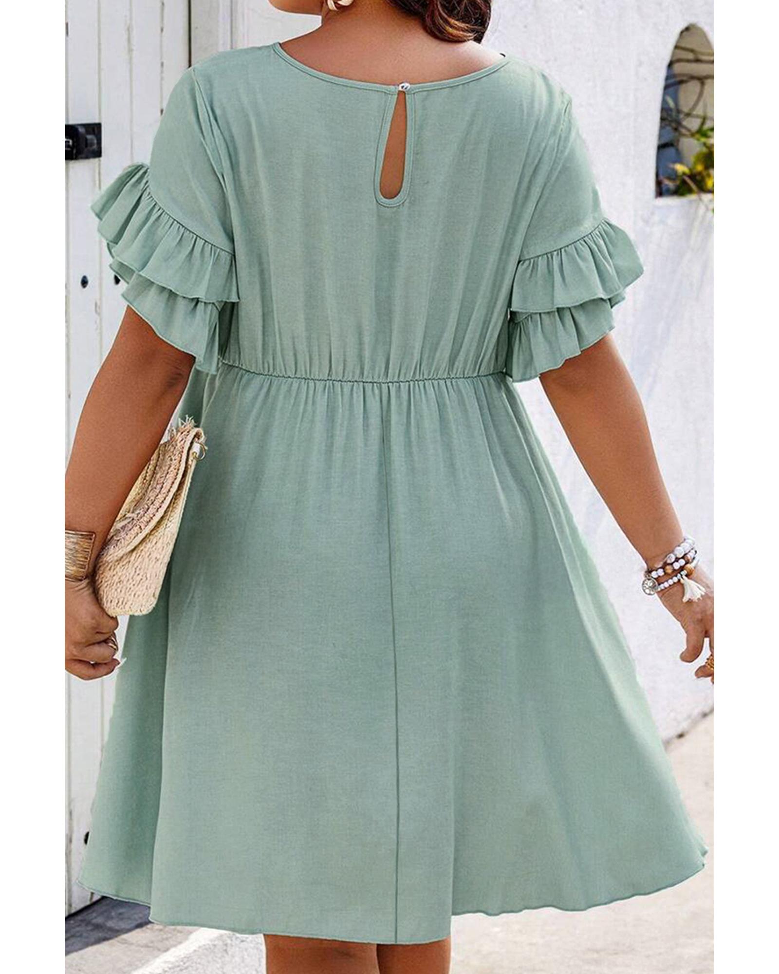 Grass Green Ruffle Trim Short Sleeve Plus Size Flared Mini Dress - 2X