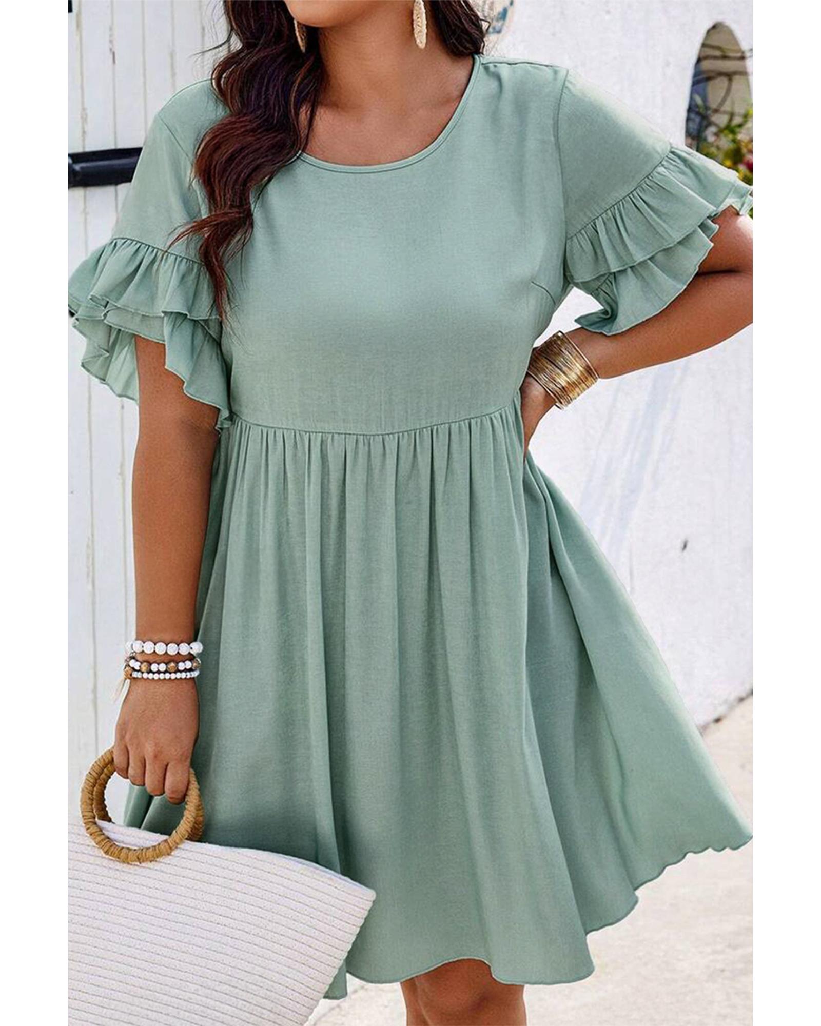 Grass Green Ruffle Trim Short Sleeve Plus Size Flared Mini Dress - 2X 3