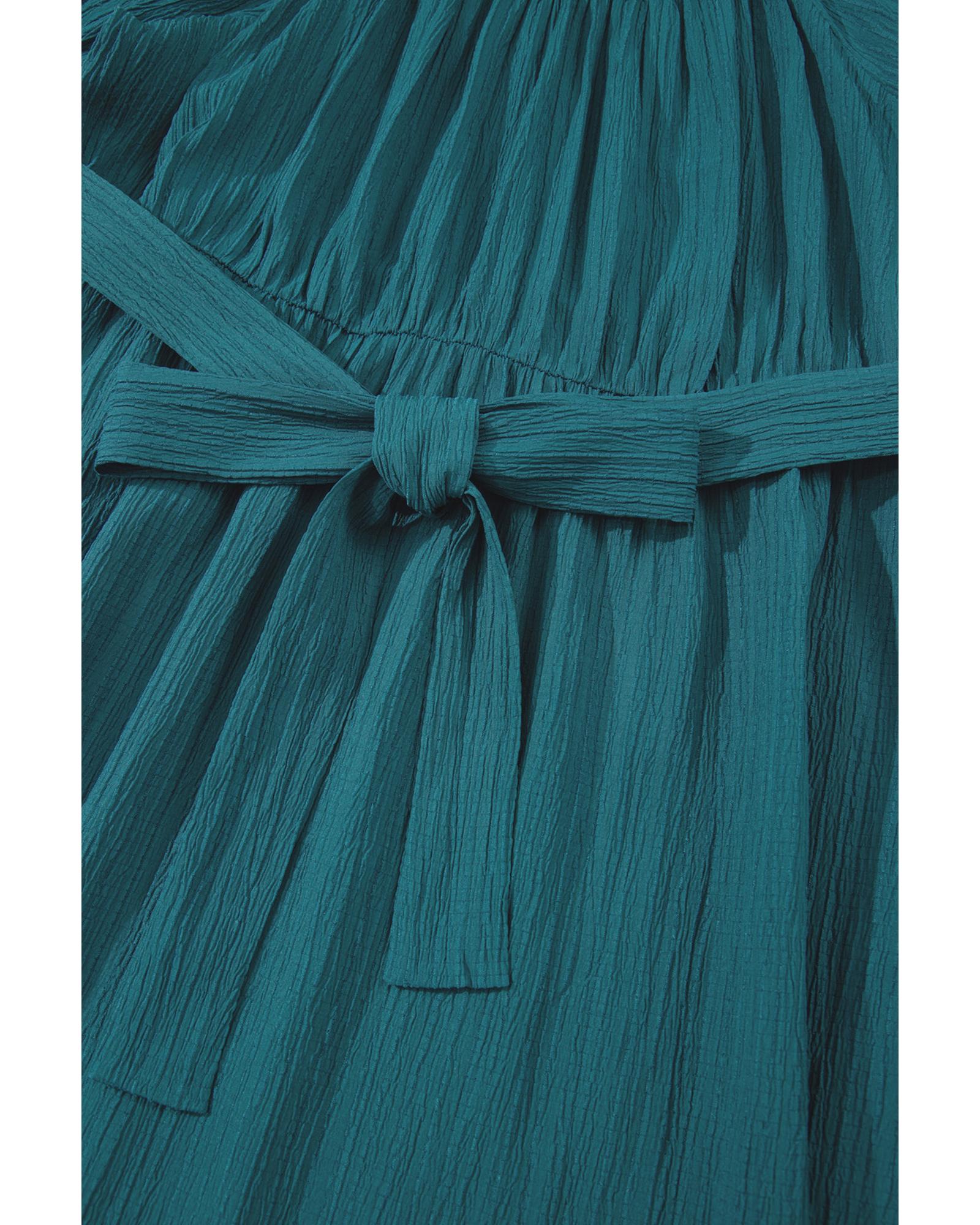 Skobeloff Frilled U Neck Puff Sleeve Belted Ruffle Hem Plus Size Midi Dress - 1X