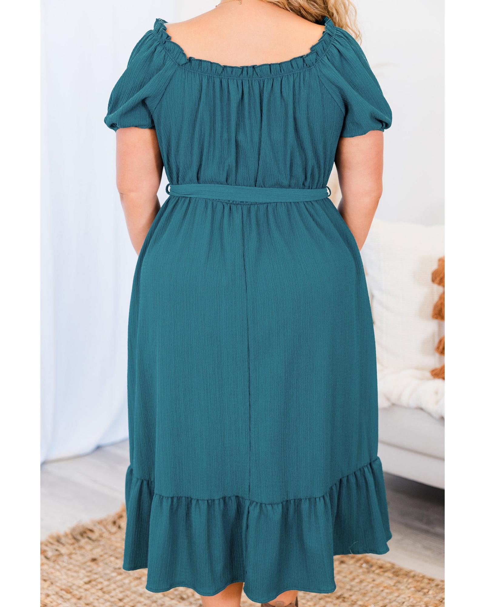 Skobeloff Frilled U Neck Puff Sleeve Belted Ruffle Hem Plus Size Midi Dress - 1X 6