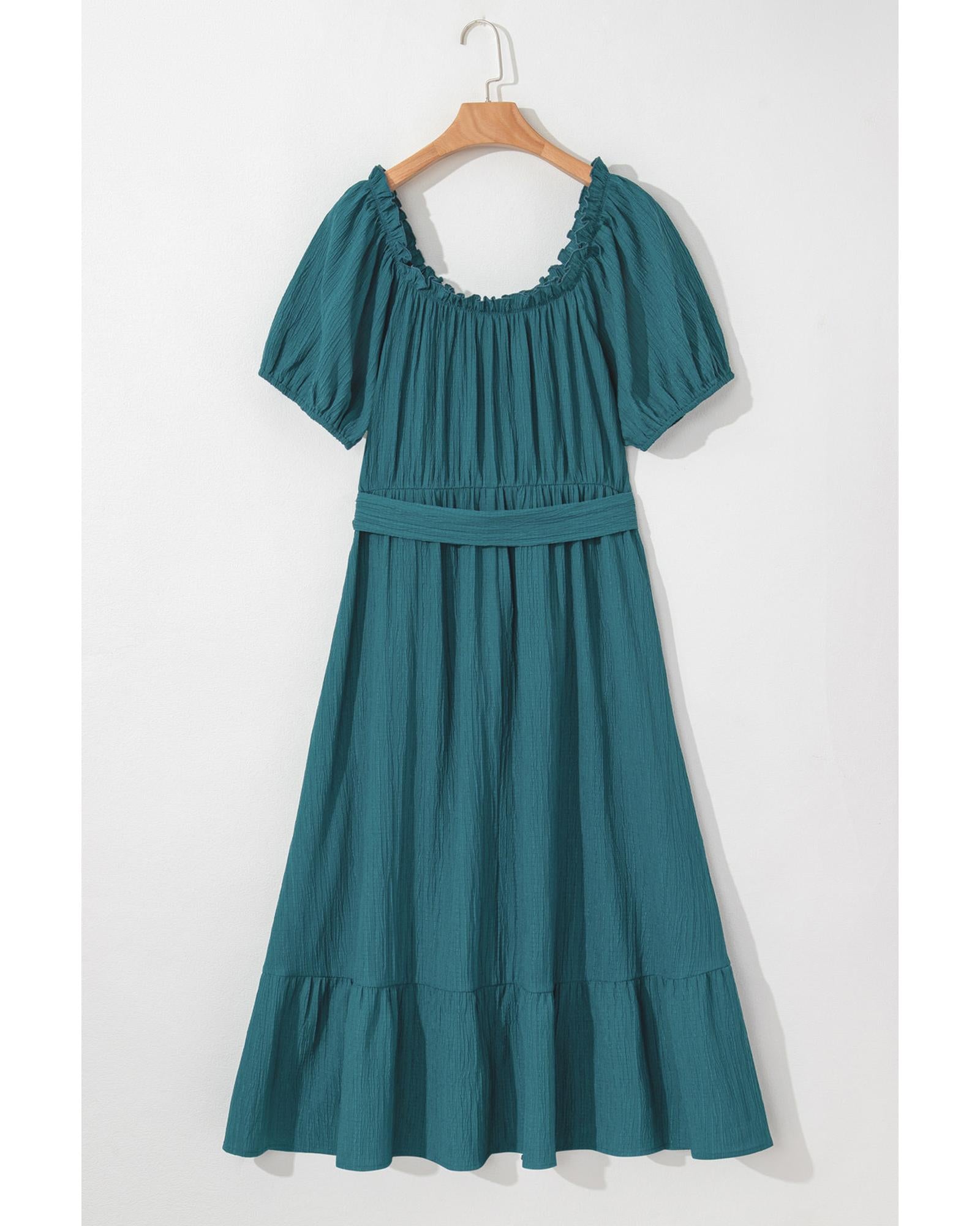 Skobeloff Frilled U Neck Puff Sleeve Belted Ruffle Hem Plus Size Midi Dress - 1X 7