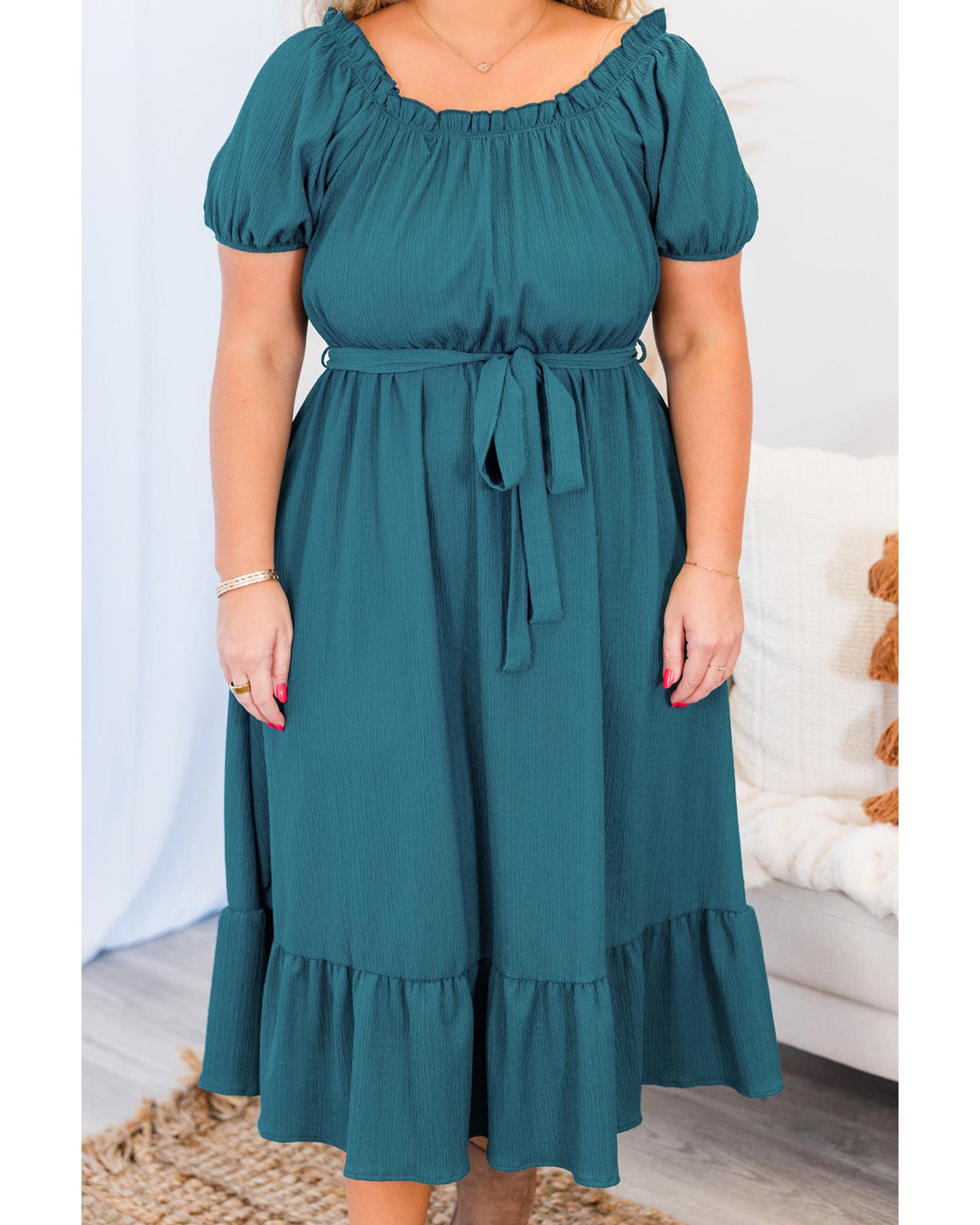 Skobeloff Frilled U Neck Puff Sleeve Belted Ruffle Hem Plus Size Midi Dress - 3X 4