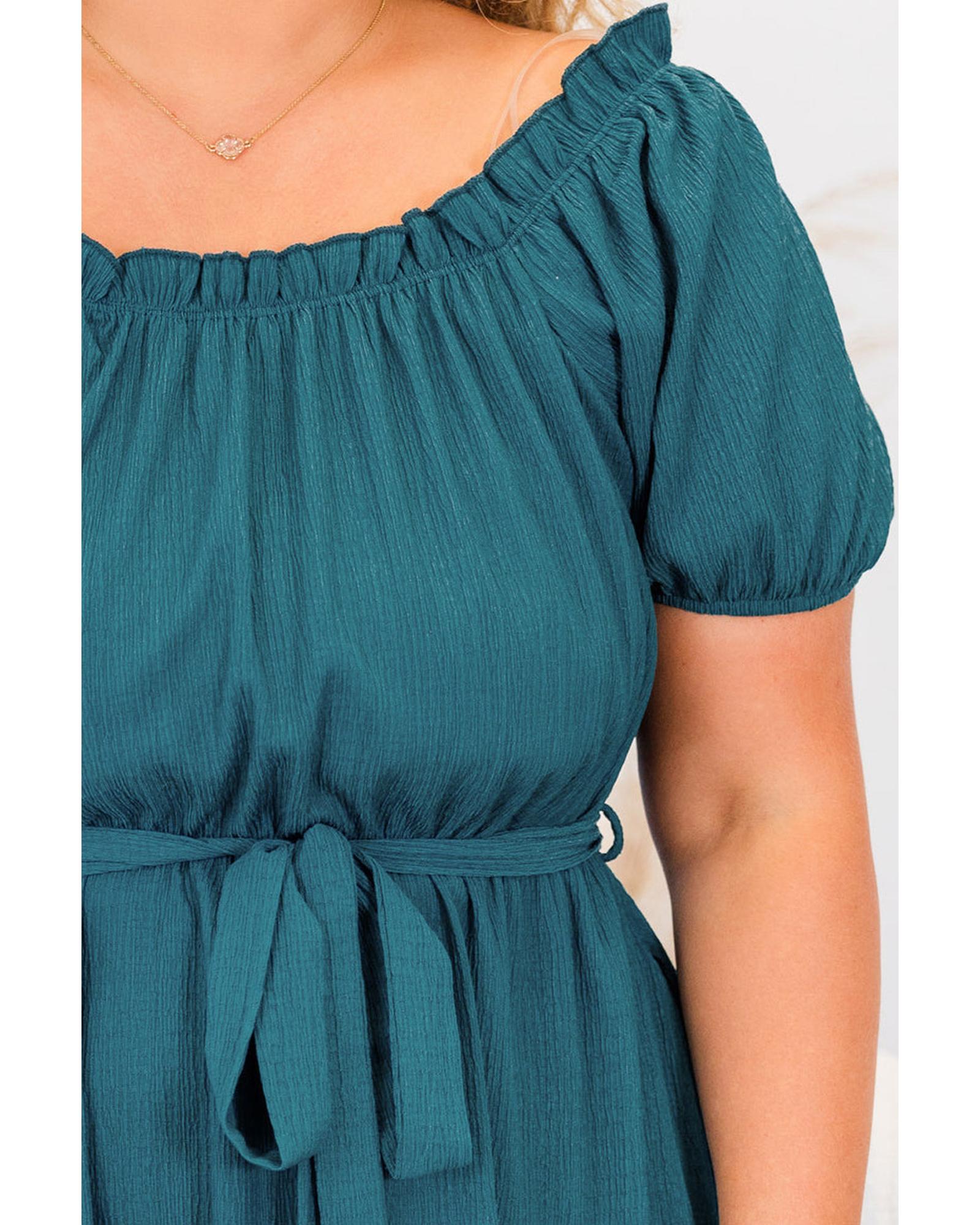Skobeloff Frilled U Neck Puff Sleeve Belted Ruffle Hem Plus Size Midi Dress - 4X 5
