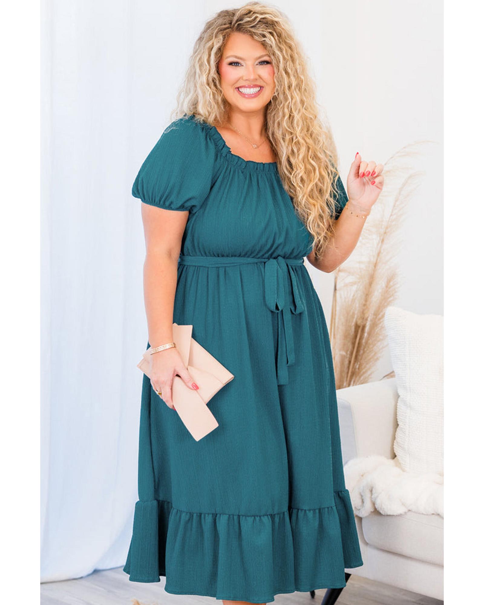 Skobeloff Frilled U Neck Puff Sleeve Belted Ruffle Hem Plus Size Midi Dress - 4X 8