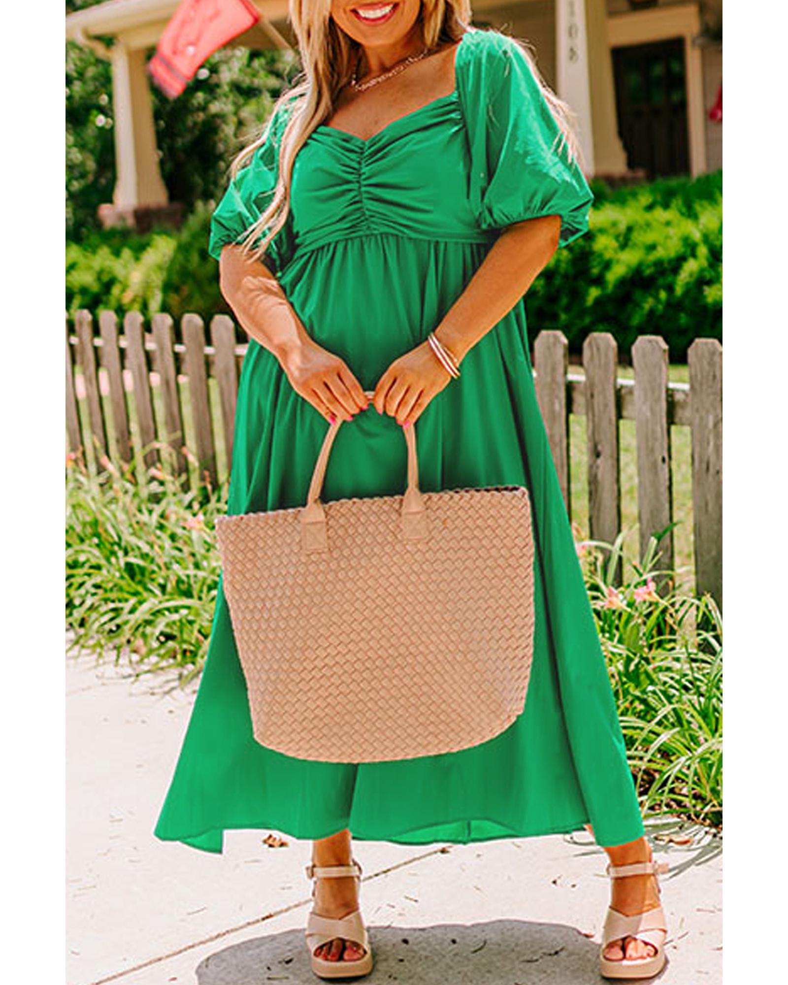 Bright Green Ruched Front Puff Sleeve Plus Size Long Dress - 1X