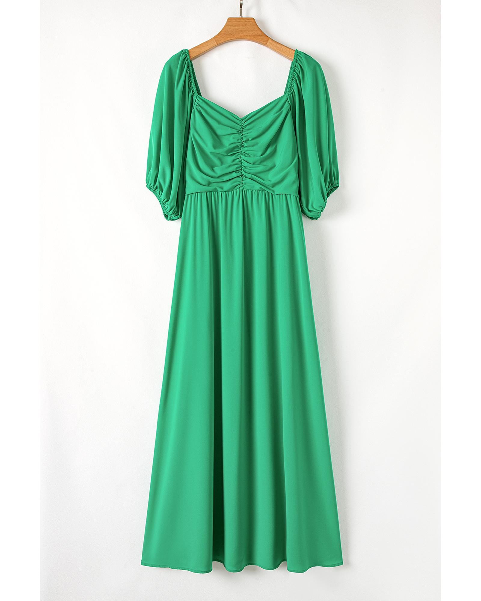 Bright Green Ruched Front Puff Sleeve Plus Size Long Dress - 1X 7